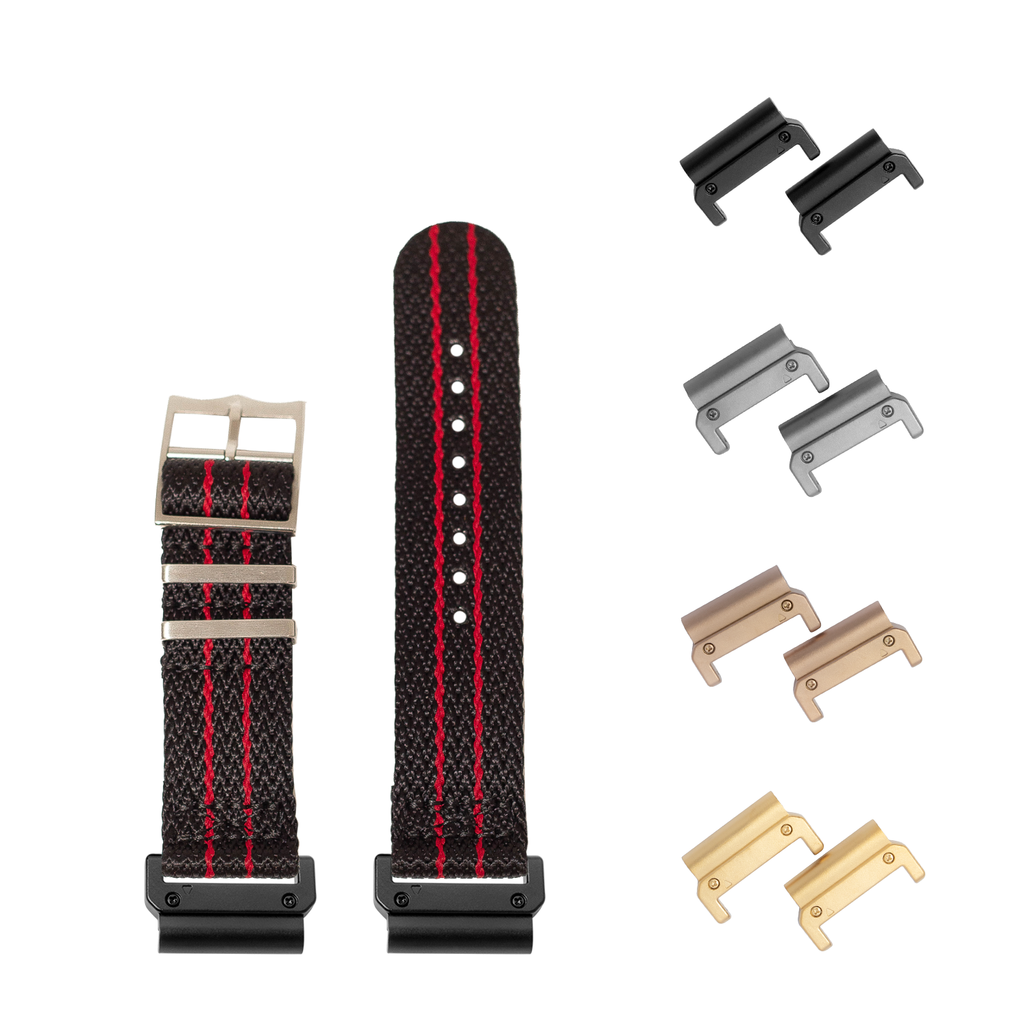 QuickFit Sharktooth Militex black canvas watch strap with red stitching 26mm and interchangeable metal lugs