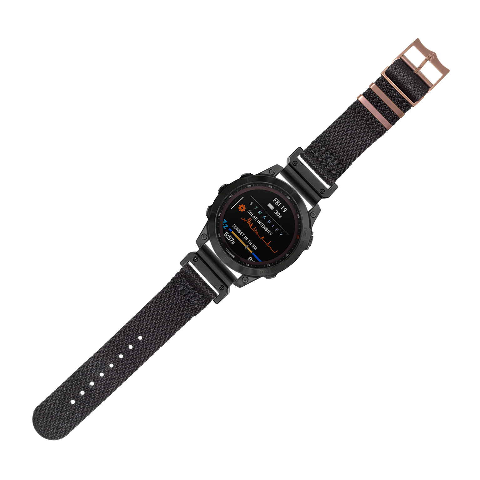 Black rugged smartwatch with square digital display and Militex fabric strap, bronze hardware, adjustable fit