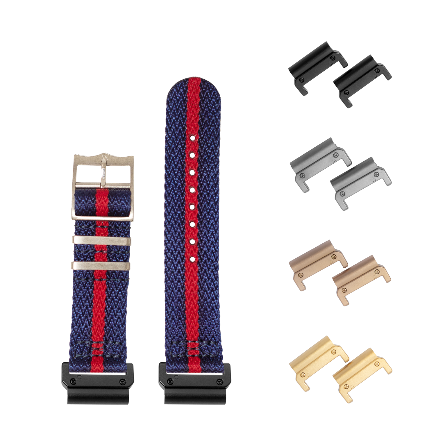 QuickFit Sharktooth Militex watch band 26mm blue red stripe with interchangeable metal hardware connectors