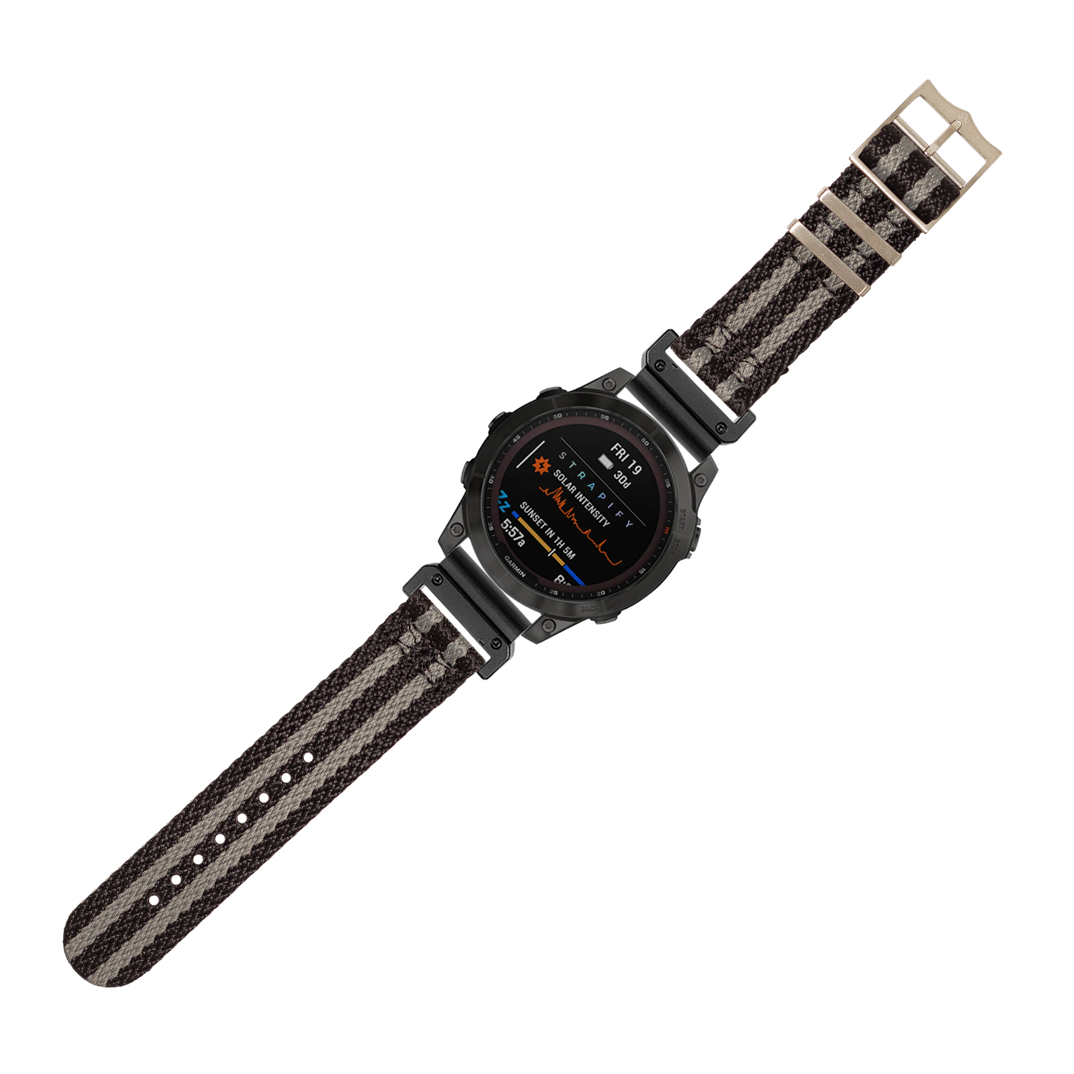 Black tactical smartwatch with AMOLED display and gray-black Militex fabric quick-fit strap featuring sharktooth pattern