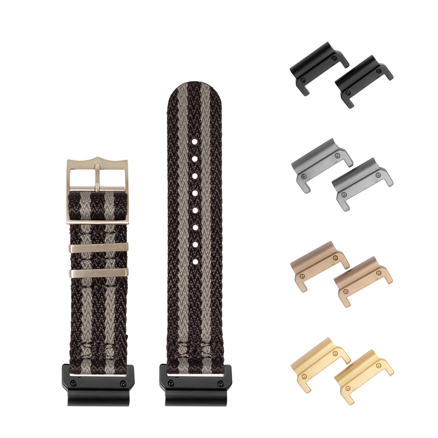Quickfit Sharktooth Militex canvas watch strap 26mm with interchangeable buckles in black, grey, tan, and champagne finishes