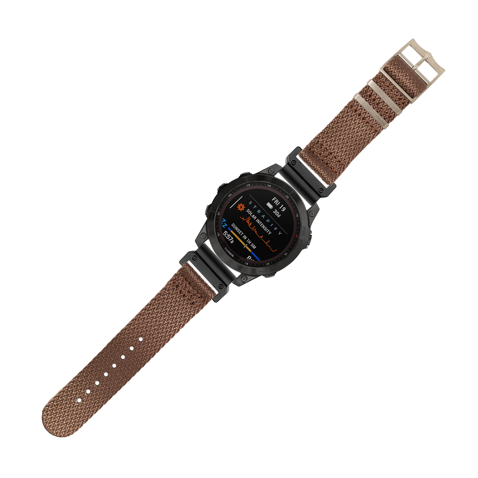 Black digital smartwatch with coffee brown canvas militex strap and quick-fit system, displayed on white background