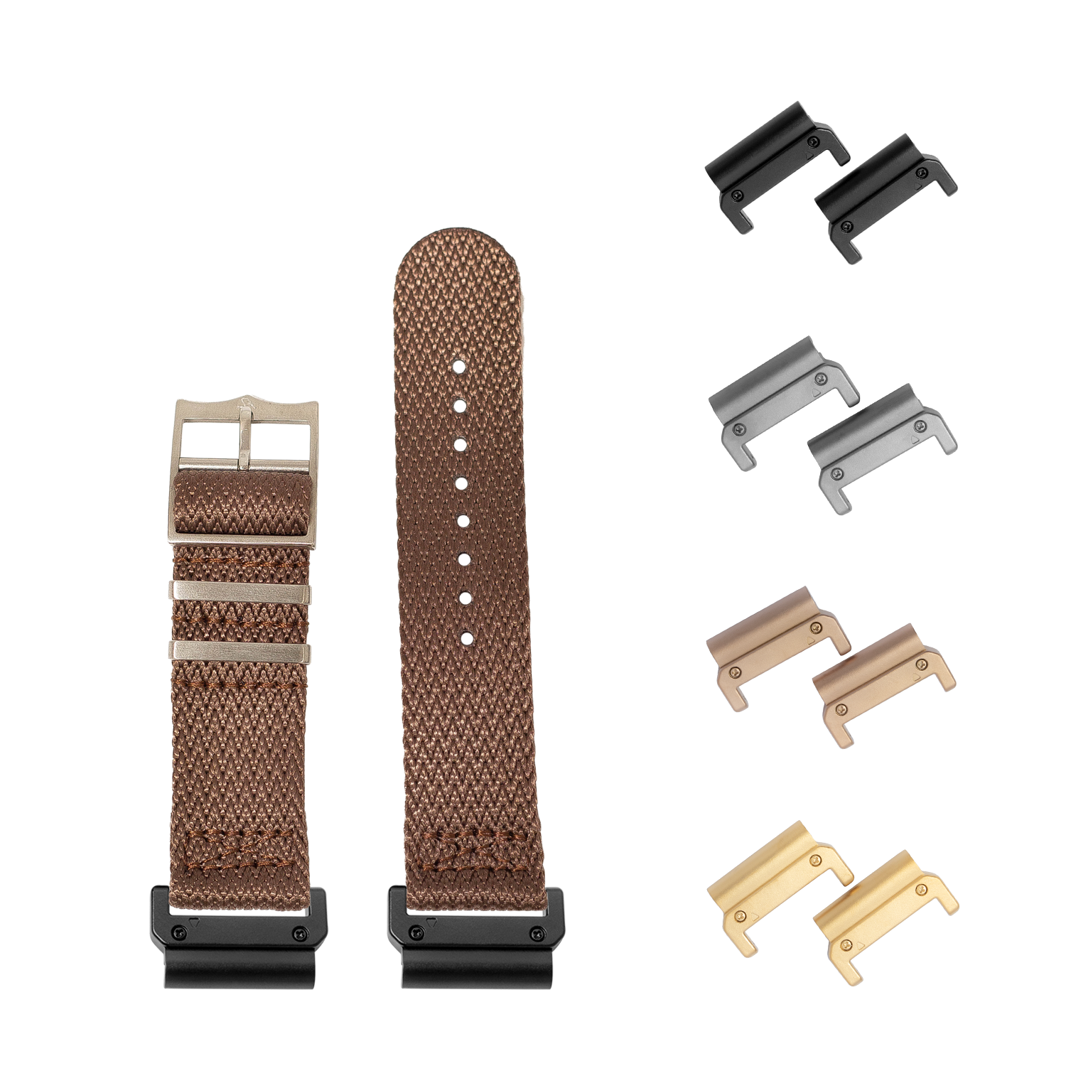 QuickFit Sharktooth Militex coffee brown 26mm watch strap with interchangeable metal lugs in black, silver, rose gold and gold finishes