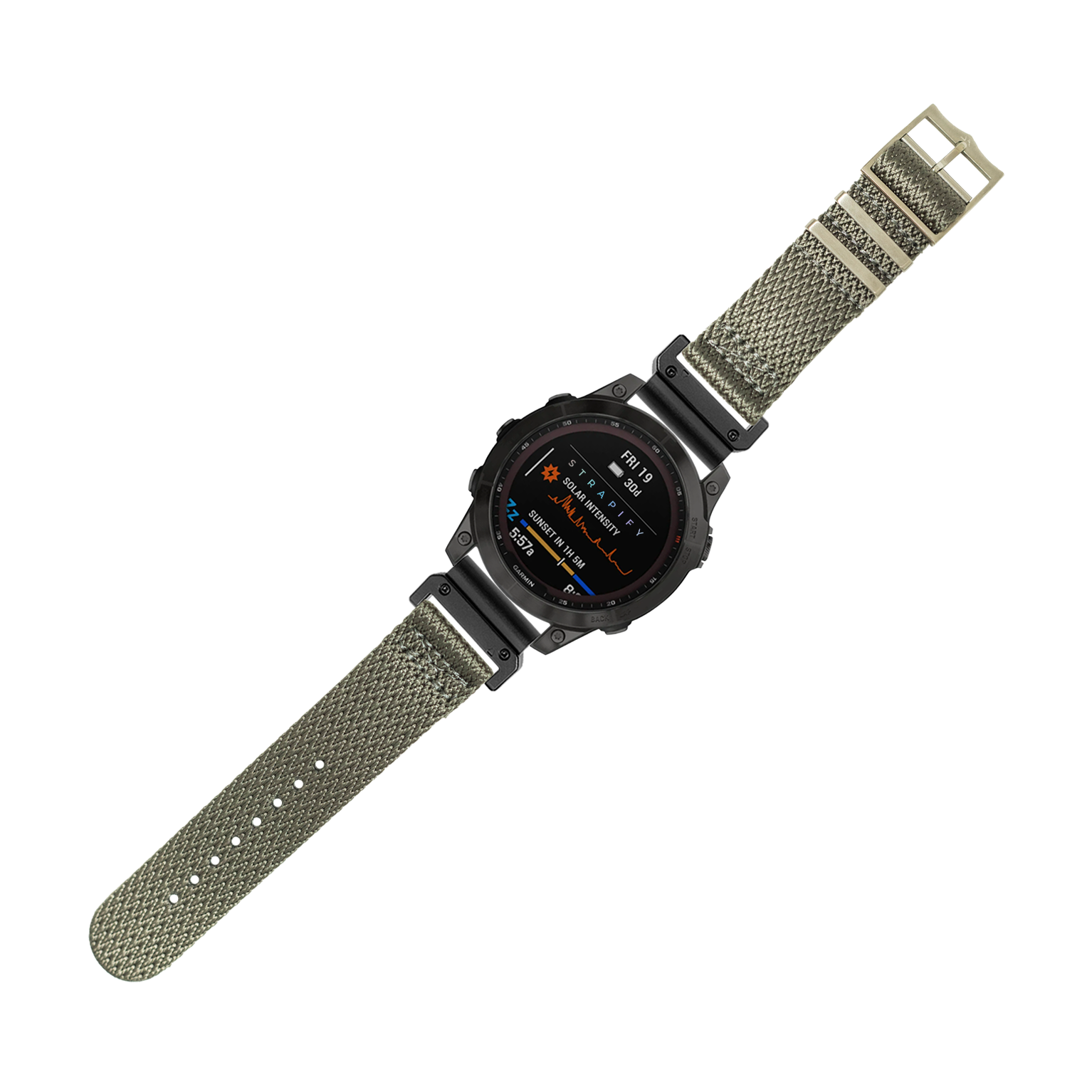 Military tactical smartwatch with grey Militex fabric strap, digital display showing altitude and compass readings, QuickFit 26mm band