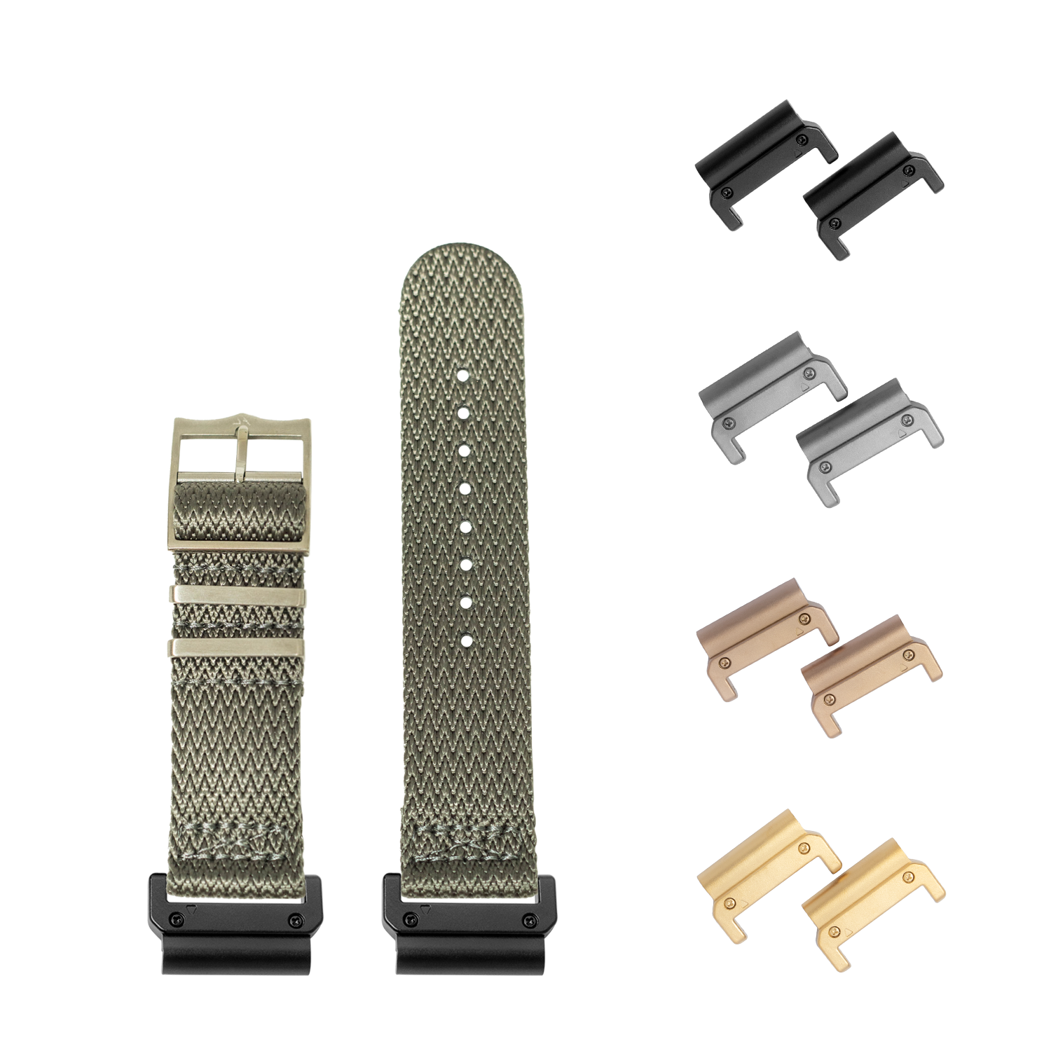 QuickFit Sharktooth Militex grey 26mm watch band with interchangeable metal lugs in black, silver, rose gold and gold
