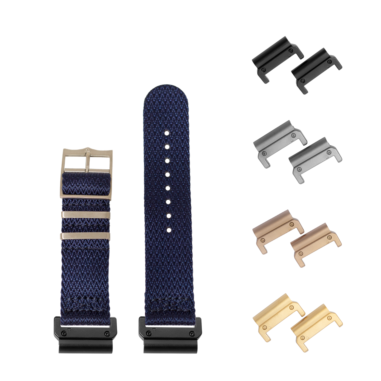 QuickFit Sharktooth Militex navy blue 26mm watch bands and interchangeable metal connector lugs set