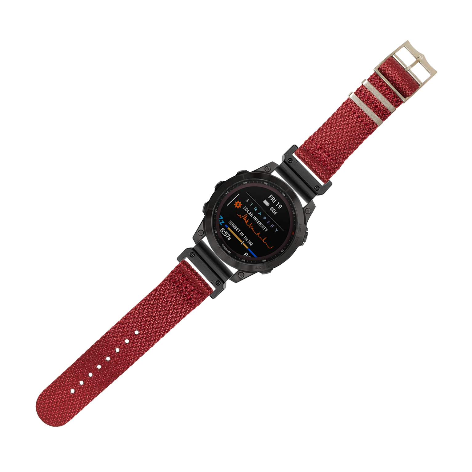 Black digital smartwatch with red fabric militex strap and metal buckle, displaying outdoor metrics on AMOLED screen