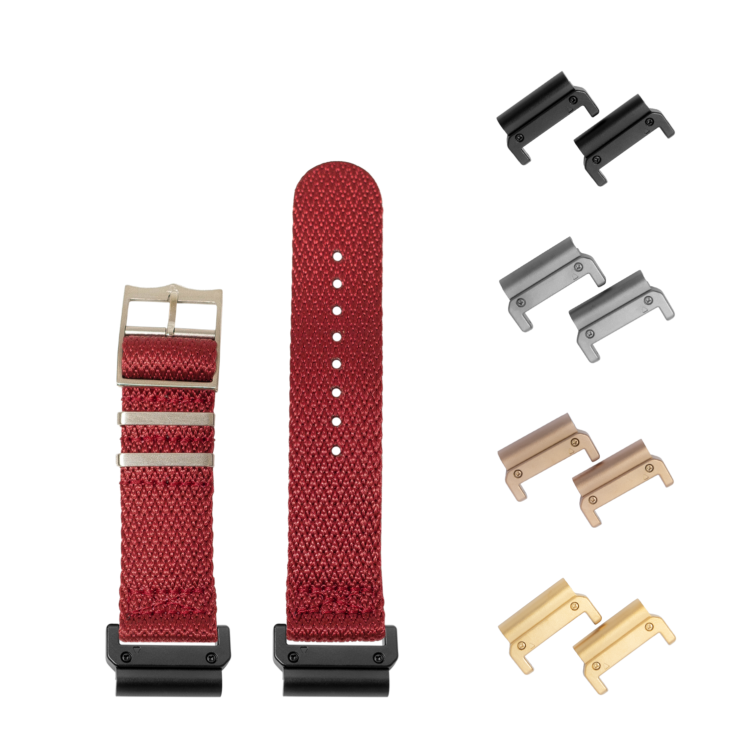 Red Militex QuickFit watch band with interchangeable metal lugs in black, silver, bronze, and gold finishes