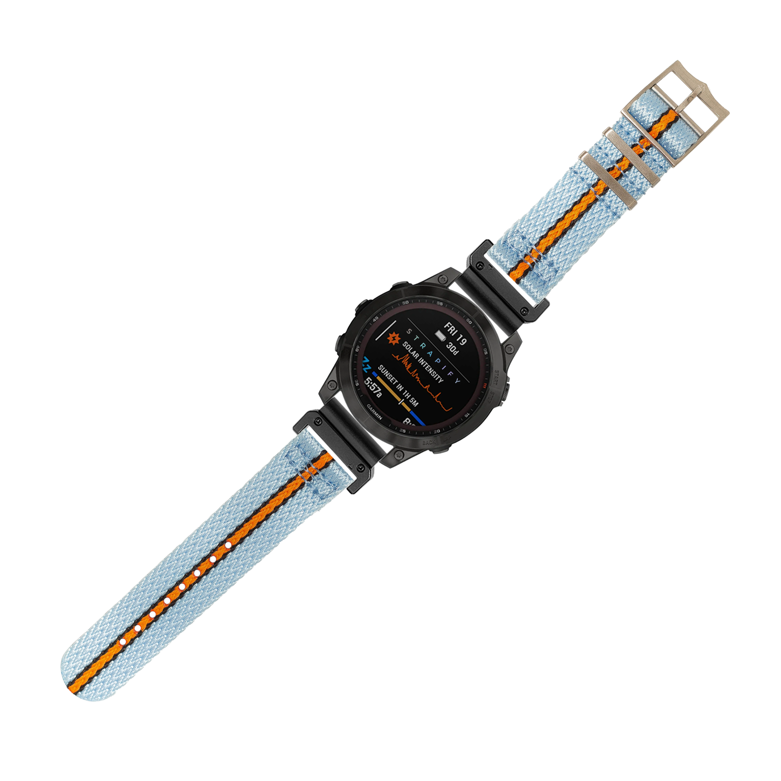 Rugged smartwatch with black case and AMOLED display on sky blue Militex fabric strap with orange accents and quick-fit system