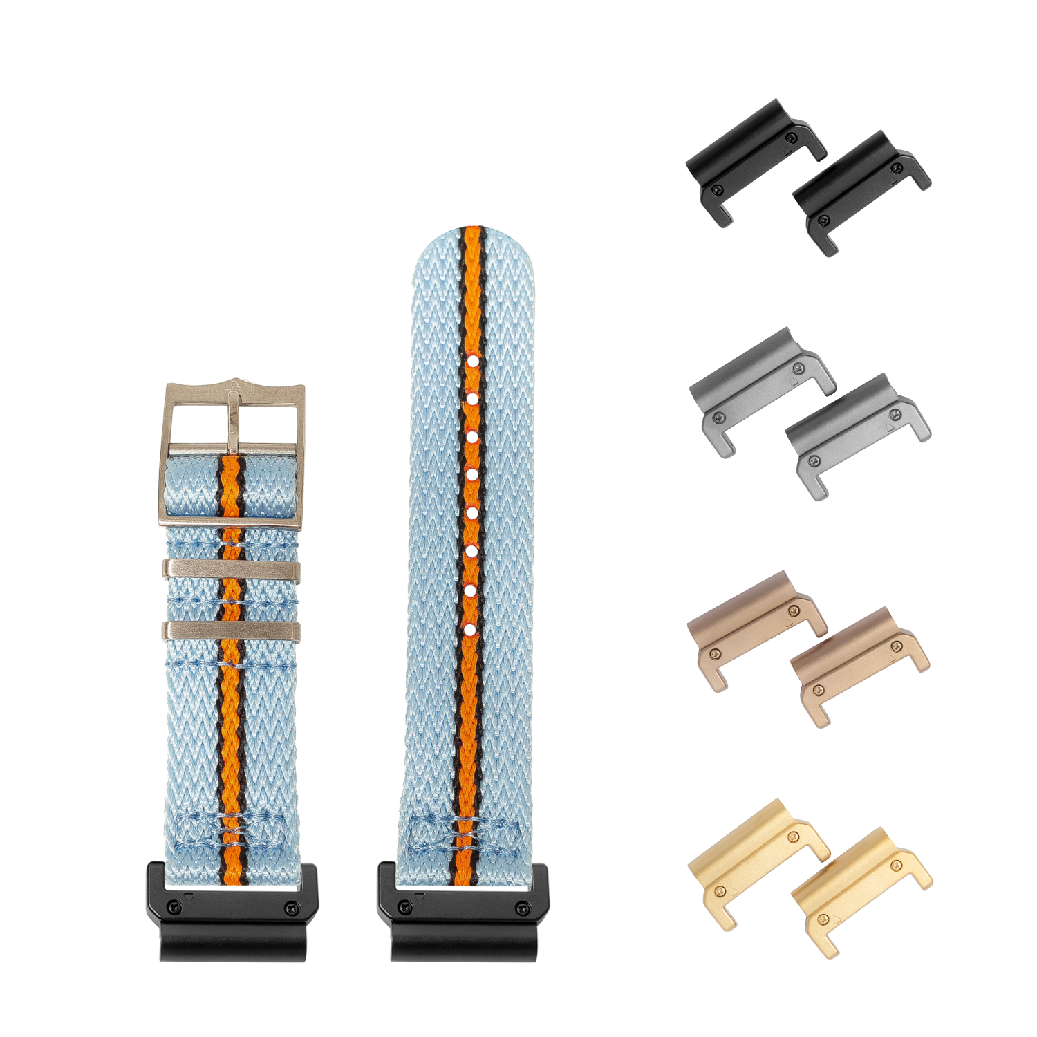 QuickFit Sharktooth Militex fabric watch strap in sky blue with orange stripe, includes multiple metal hardware options in black, silver, bronze and gold finishes