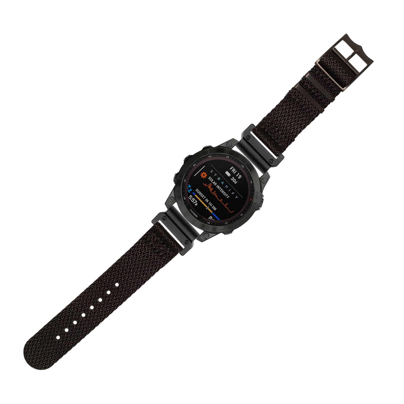 Black tactical smartwatch with AMOLED display and woven fabric strap, featuring orange text and military-grade design for outdoor adventure