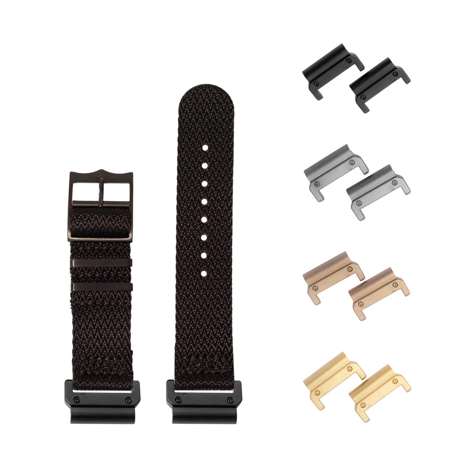 Black Militex watch strap with QuickFit 26mm hardware set including black, gray, bronze and gold metal lugs