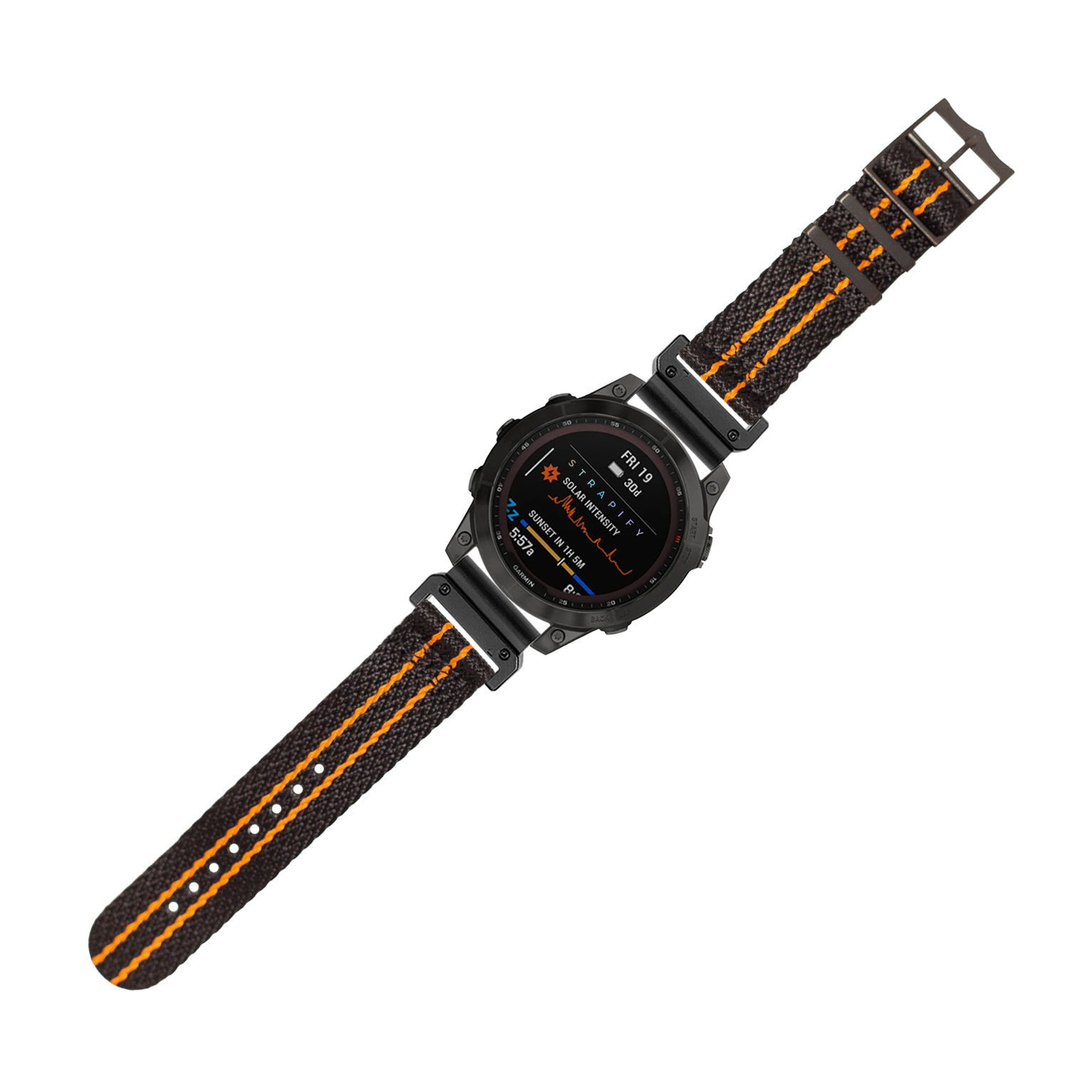 Black digital military watch with orange stripe fabric strap and black hardware, featuring AMOLED display and tactical design