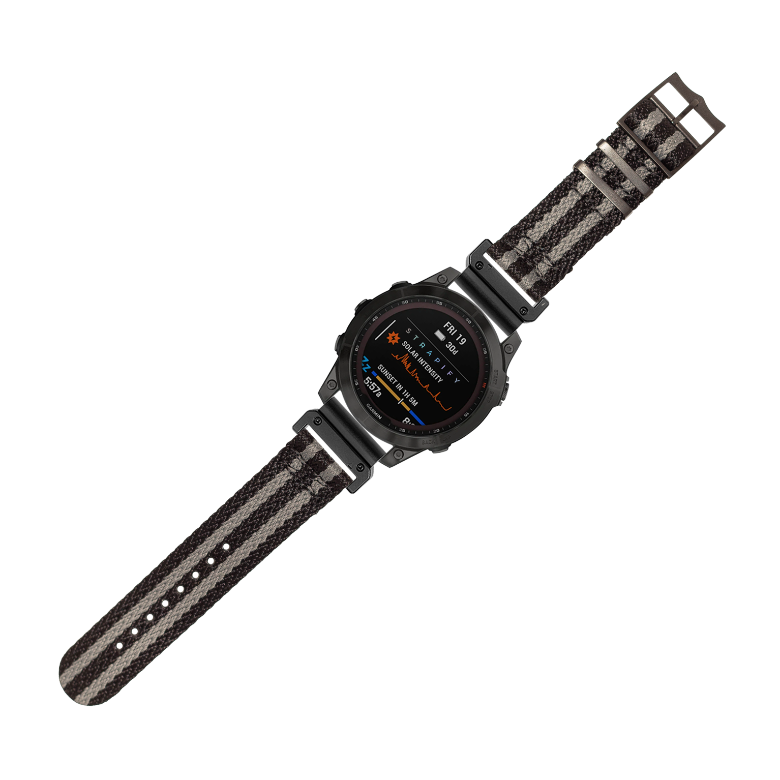 Black tactical smartwatch with Militex Sharktooth stealth band, orange digital display, and black hardware on white background