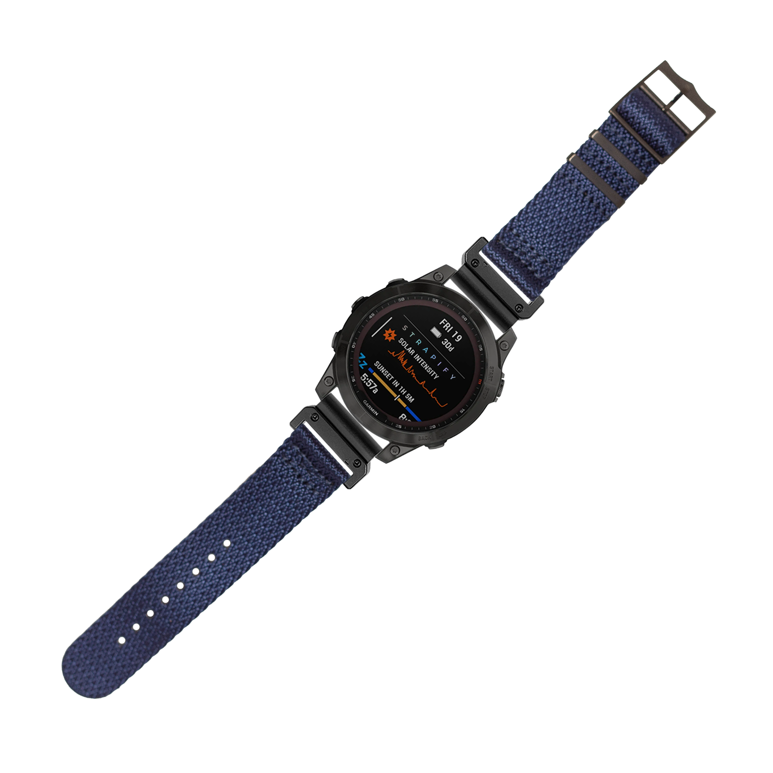 Military tactical smartwatch with Stealth Navy Blue Militex band and black hardware, featuring digital display and QuickFit 26mm strap system