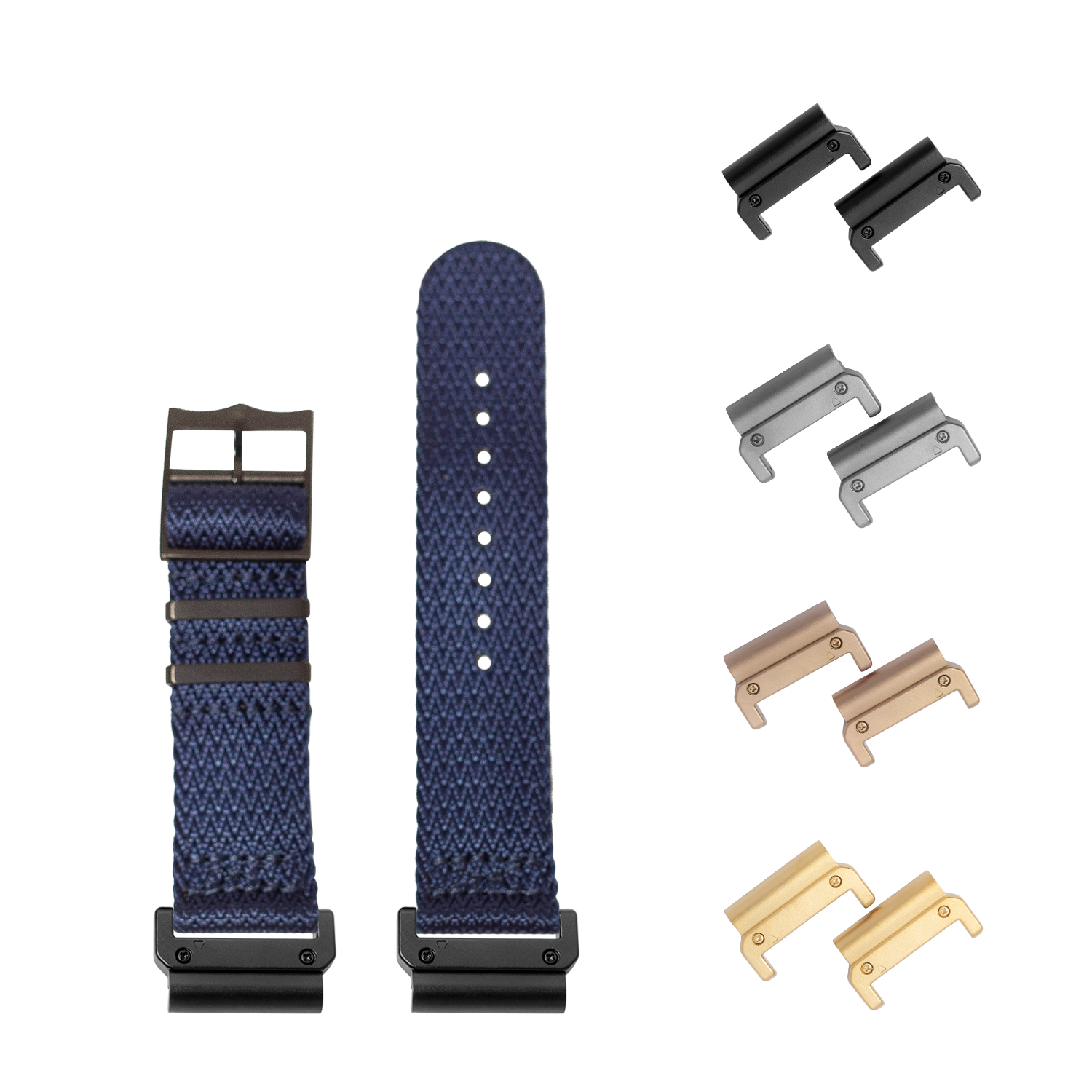 Quickfit Sharktooth Militex Stealth Navy Blue watch strap with interchangeable black hardware in 26mm size, shown with multiple metal connector options