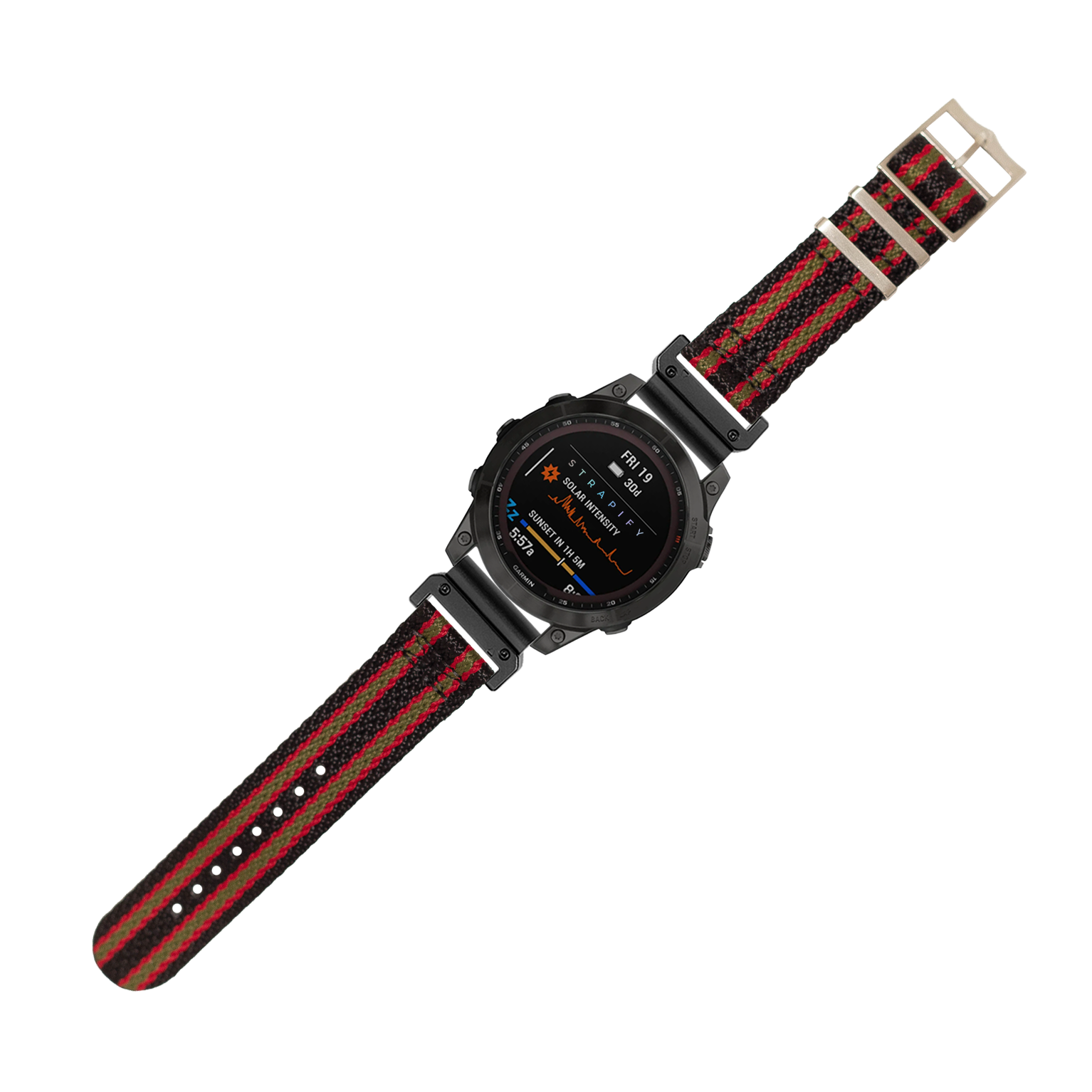 Black digital sports watch with rugged case and vintage red-green-black striped fabric strap featuring metal keeper rings and buckle closure