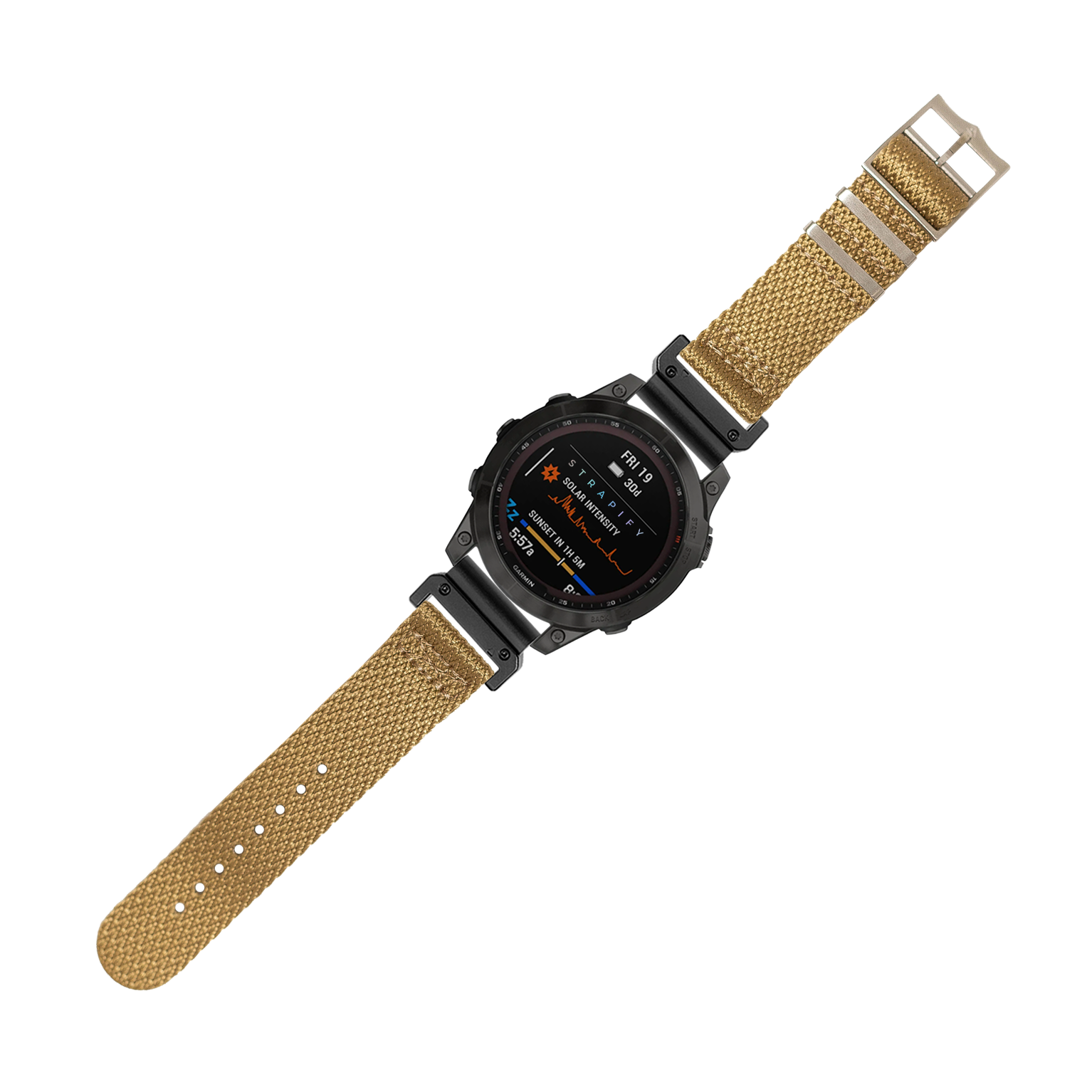 Digital sports watch with black case and wheat-colored fabric strap, displaying orange and blue metrics on AMOLED screen