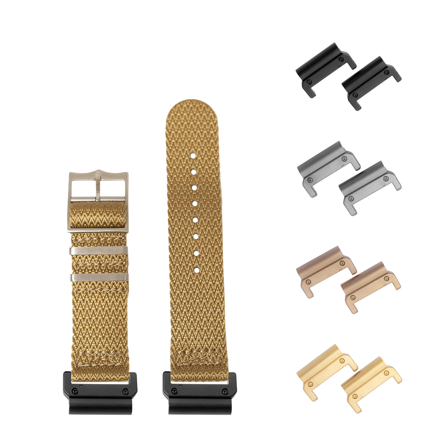 QuickFit Sharktooth Militex wheat fabric watch strap 26mm with interchangeable connectors in black, silver, bronze and gold finishes