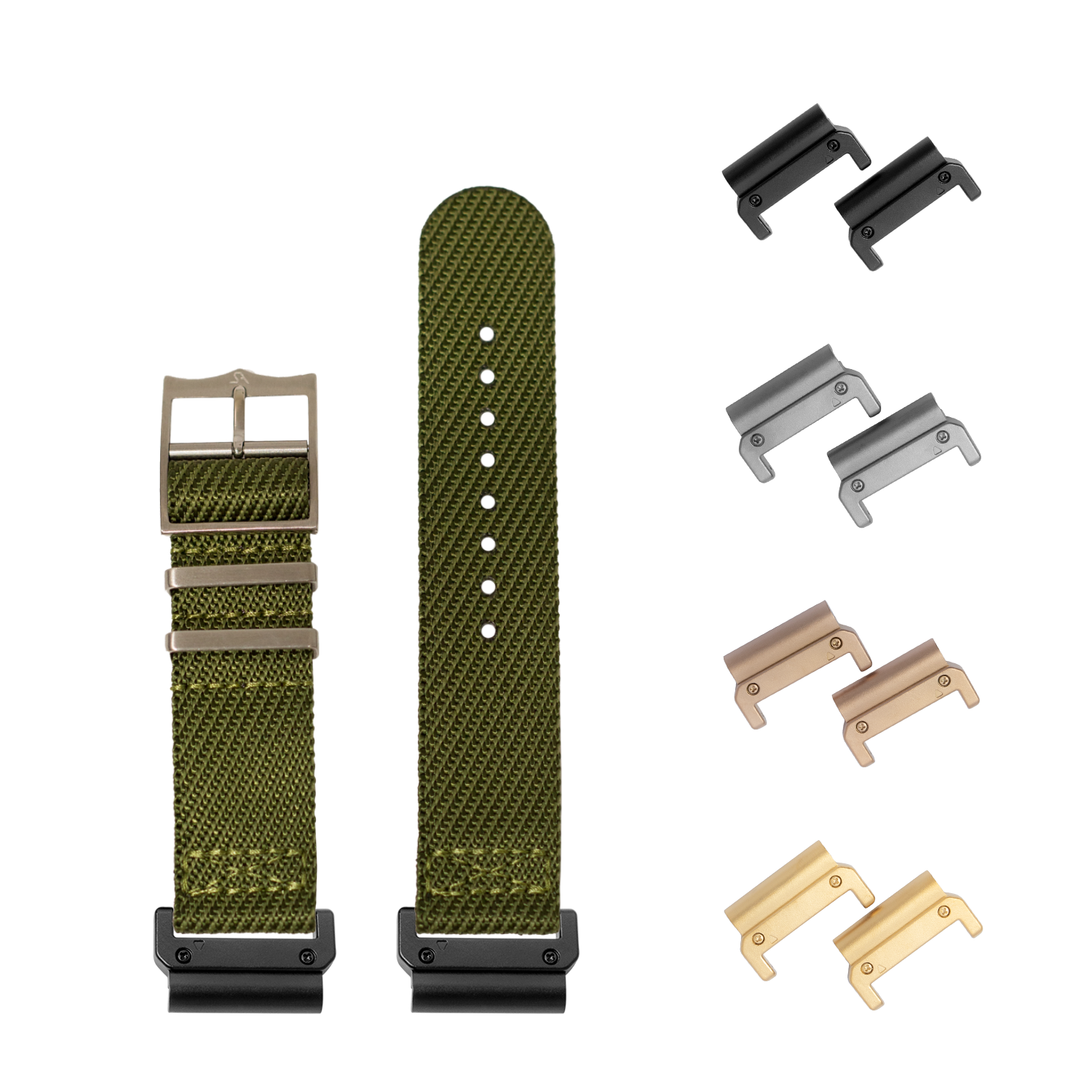 QuickFit Cross Militex army green fabric watch band 26mm with interchangeable metal lugs in black, gray, bronze and gold finishes