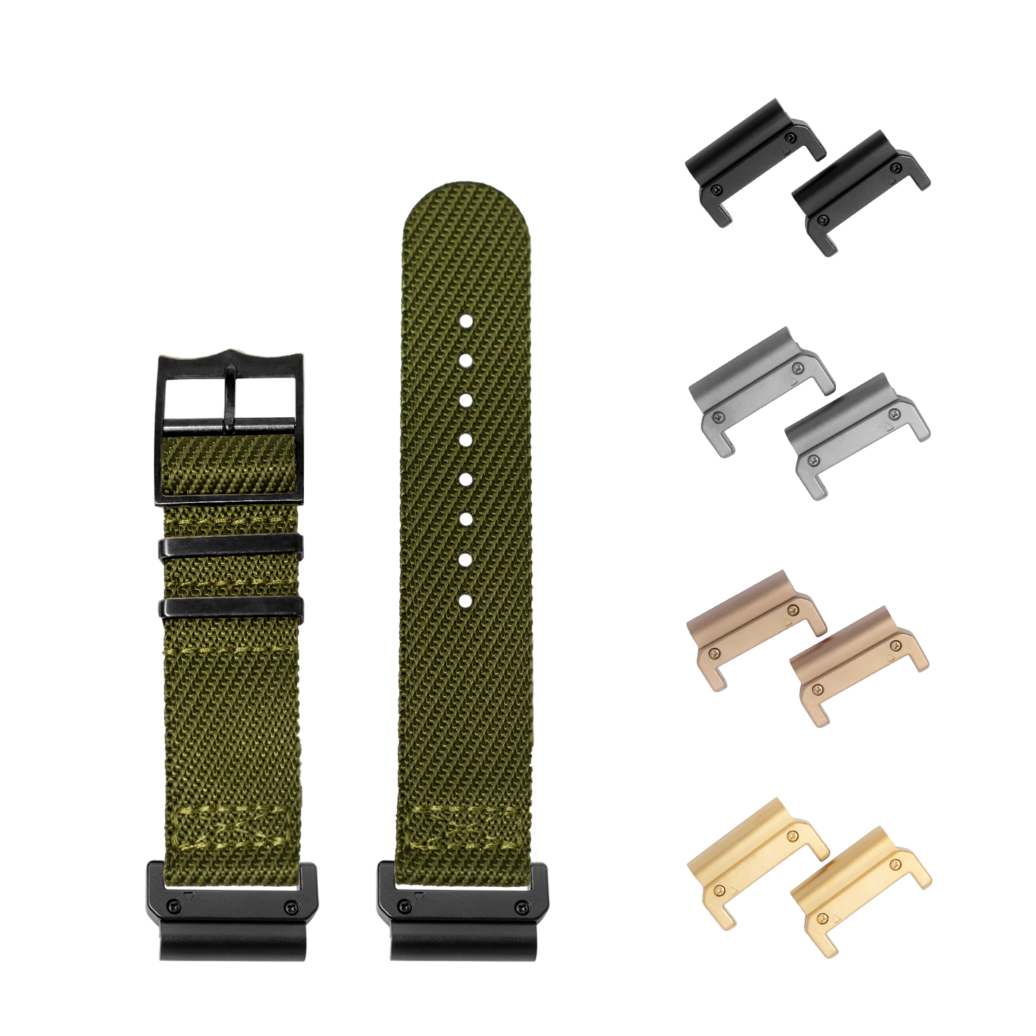 QuickFit Cross Militex army green fabric watch bands with black, silver, bronze and tan hardware adapters for 26mm watches