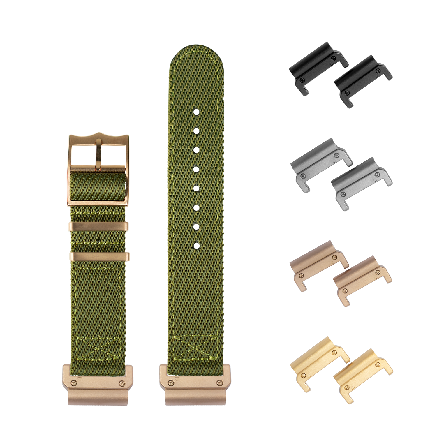 Quick Fit Cross Militex army green fabric watch band 26mm with rose gold hardware and interchangeable connectors