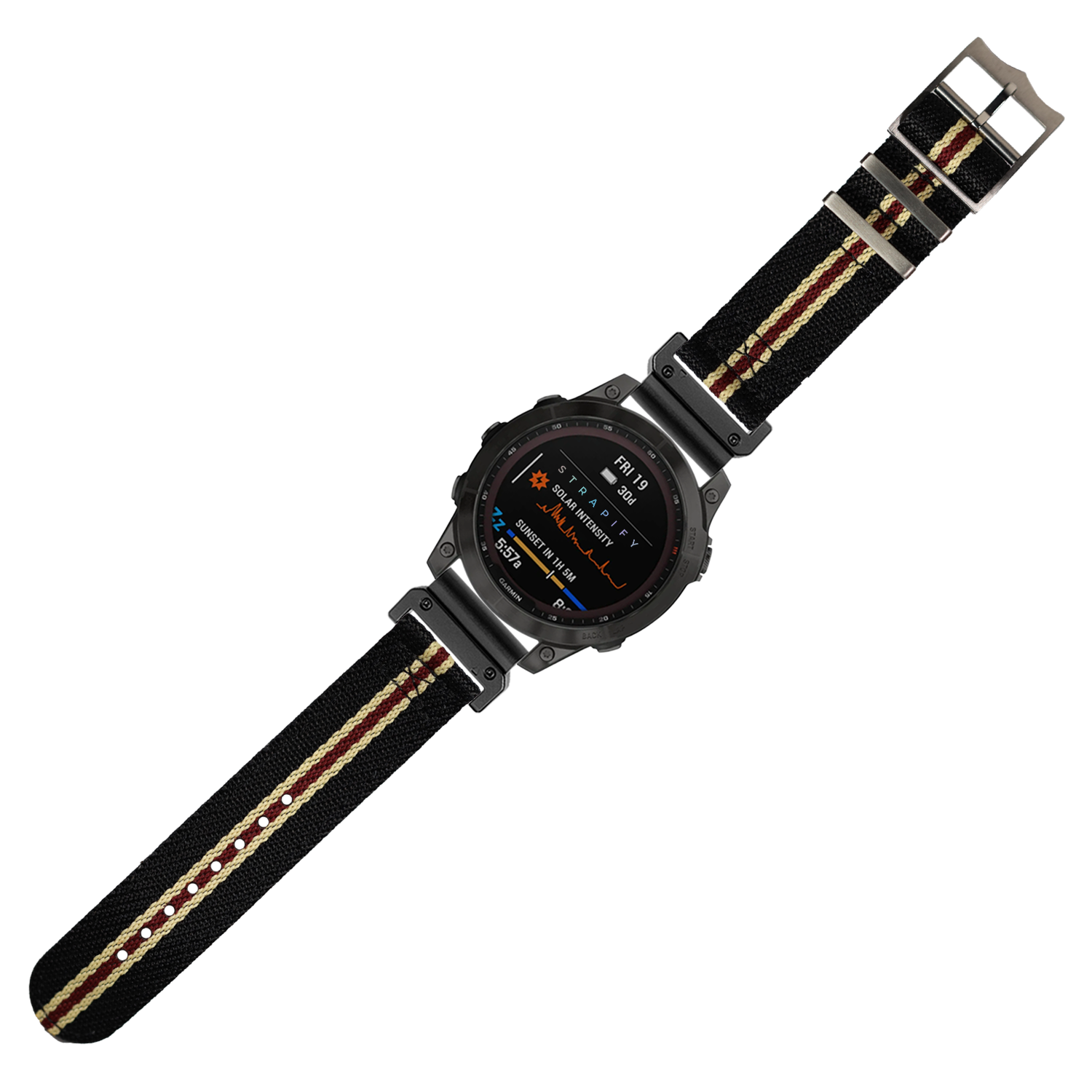 Black tactical smartwatch with AMOLED display and Cross Militex fabric strap in beige and maroon stripes, 26mm QuickFit band