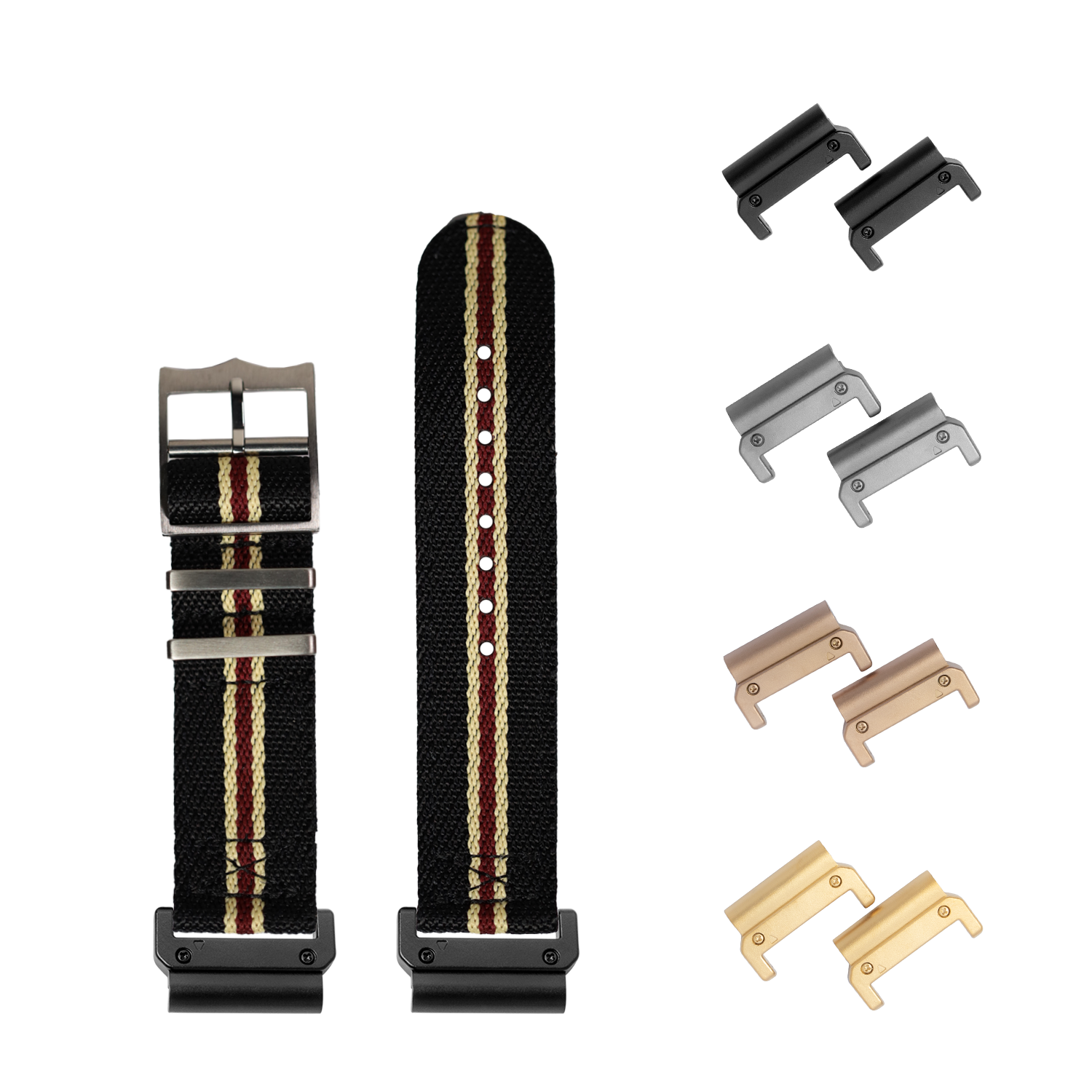 Military-style fabric watch straps with interchangeable metal buckles in black, silver, rose gold and champagne finishes