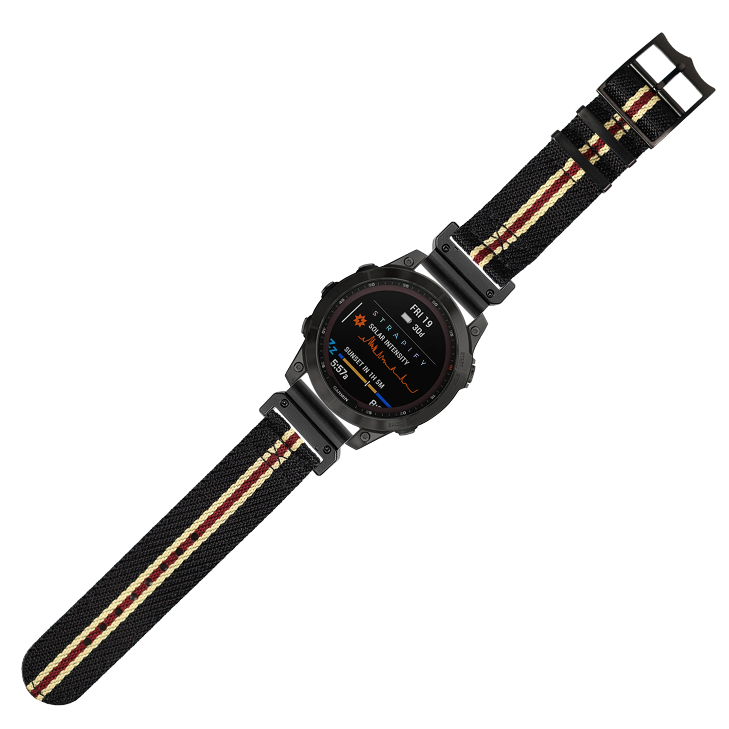 Black tactical smartwatch with AMOLED display and military-style woven nylon watch band with tan and maroon stripes