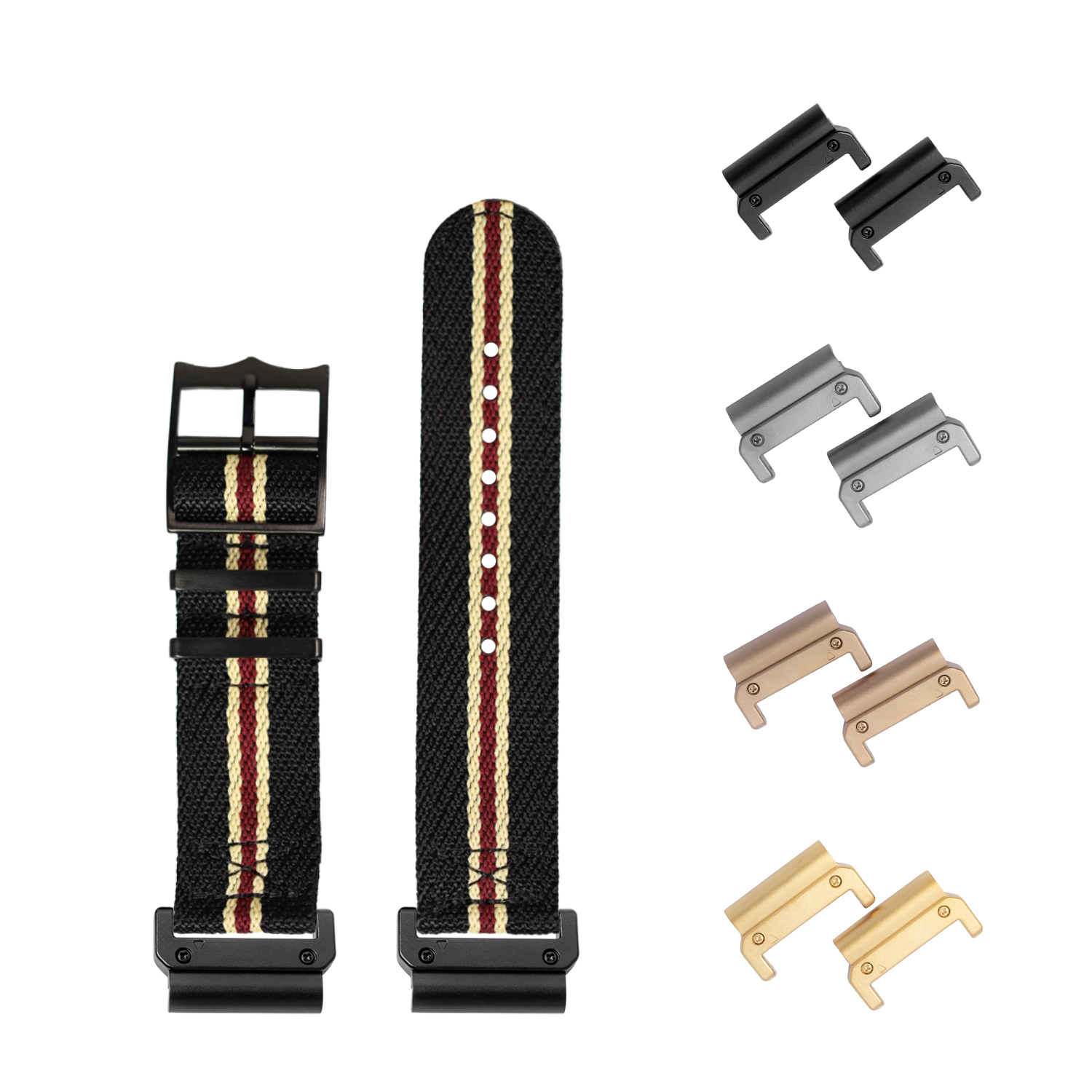 QuickFit Cross Militex black fabric watch strap with beige and maroon stripe and interchangeable black hardware lugs for 26mm watches