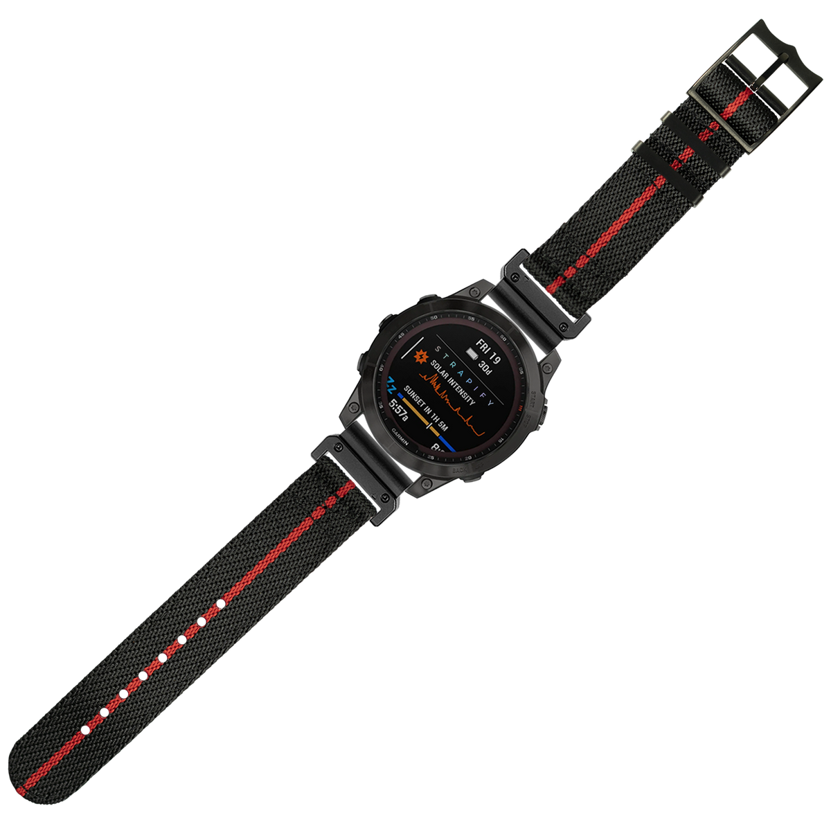 Black and red Militex tactical smartwatch band with black hardware, 26mm QuickFit compatible strap for sports and military watches