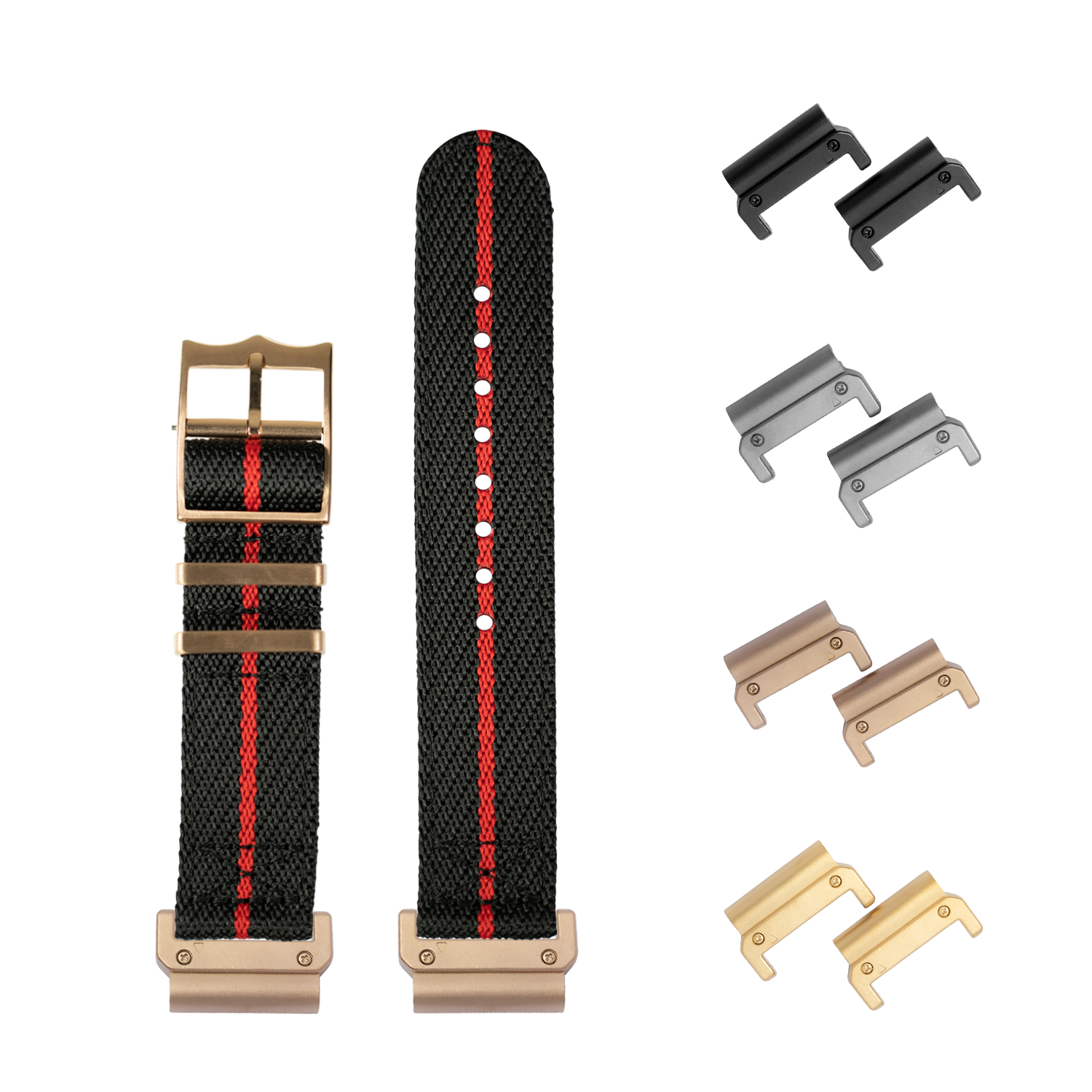 QuickFit Cross Militex black fabric watch strap with red stripe, rose gold hardware, and interchangeable metal lugs in multiple finishes