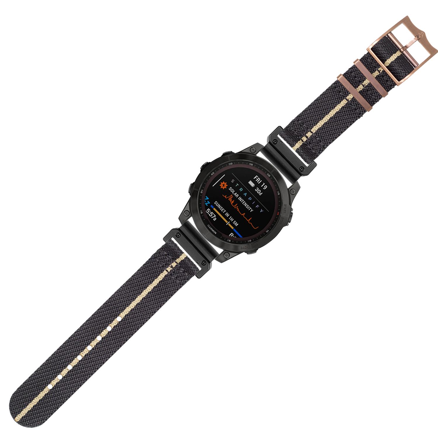 Black and wheat canvas watch strap with bronze hardware and rose gold buckle, 26mm QuickFit military-style band