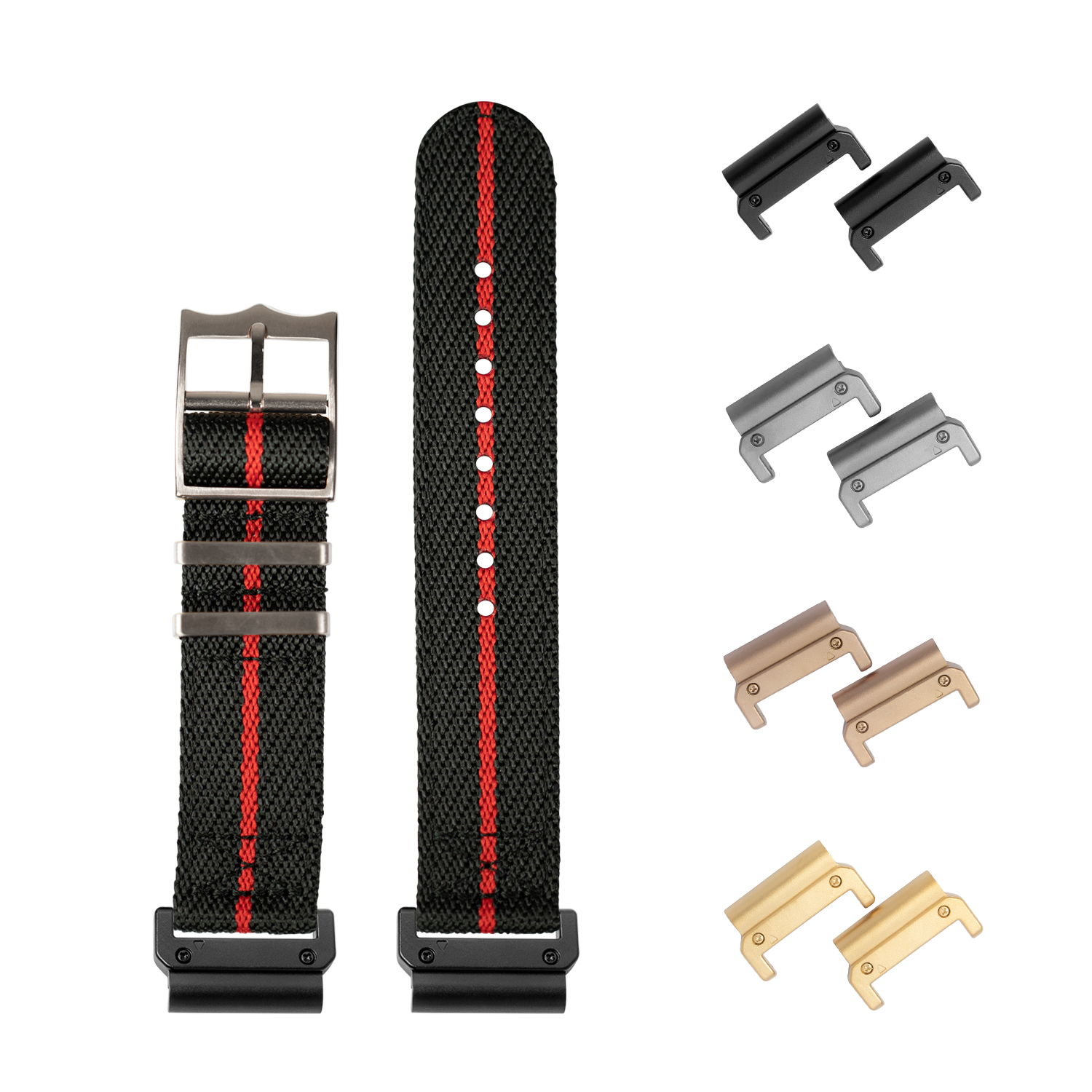 QuickFit Cross Militex black nylon watch band with red stripe and interchangeable metal buckles in silver, gunmetal, rose gold and gold finishes