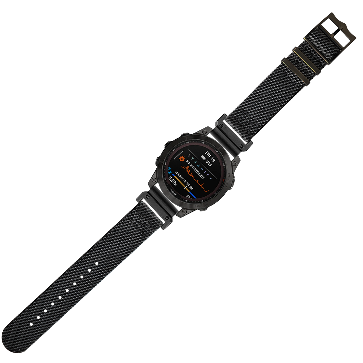 Black tactical smartwatch with AMOLED display and dark grey nylon QuickFit band with black hardware, military-style digital watch