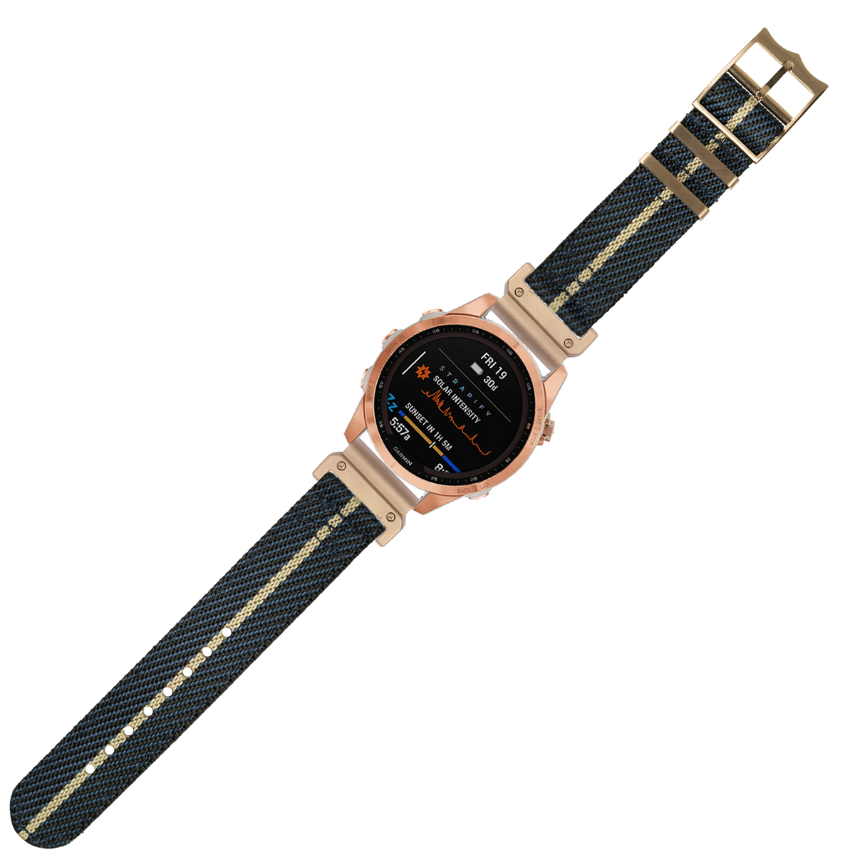 Rose gold smartwatch with AMOLED display and black woven fabric strap with khaki stripe, QuickFit 26mm military watch band