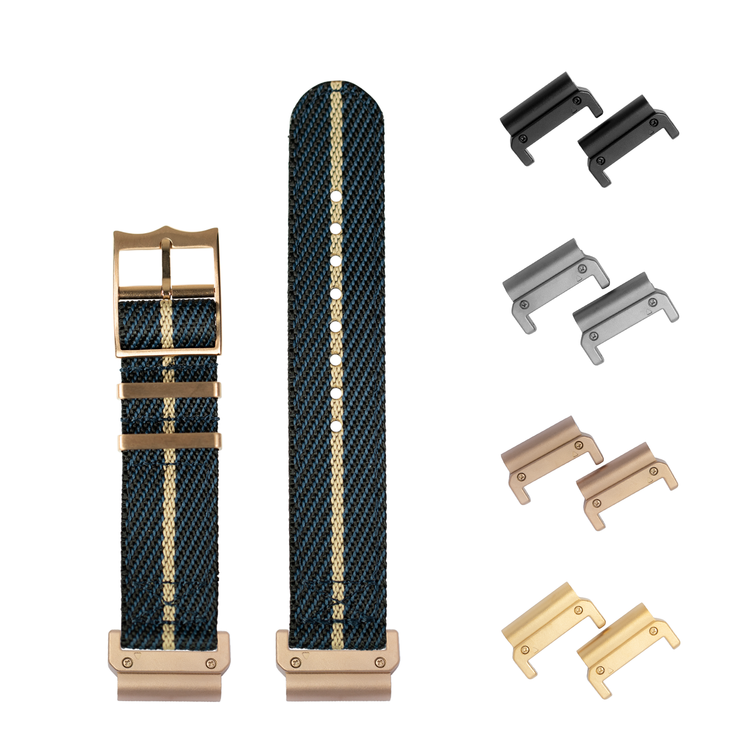 QuickFit Cross Militex night black and wheat watch band 26mm with rose gold hardware and interchangeable metal connectors
