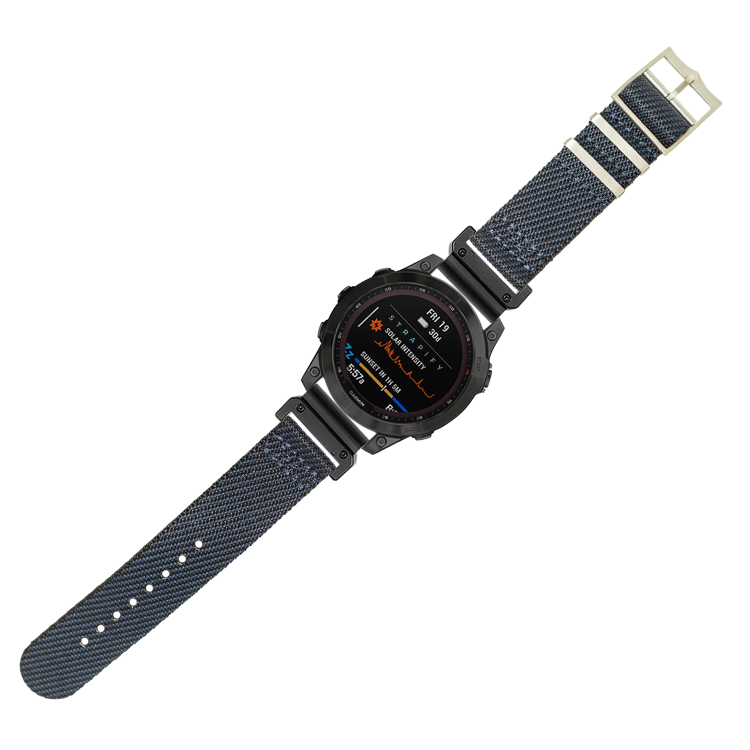 Military digital smartwatch with black case and night blue fabric strap, AMOLED display showing tactical information and widgets