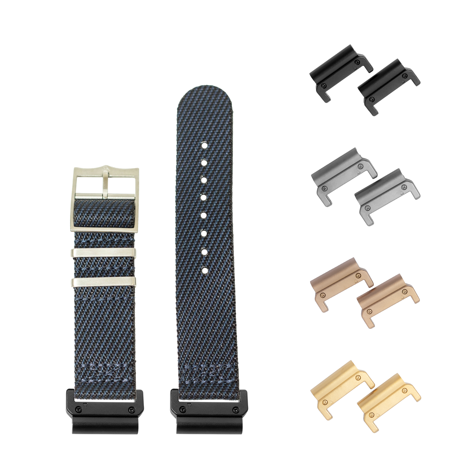 QuickFit Cross Militex night blue 26mm watch band with interchangeable metal lugs in black, silver, bronze, and gold finishes
