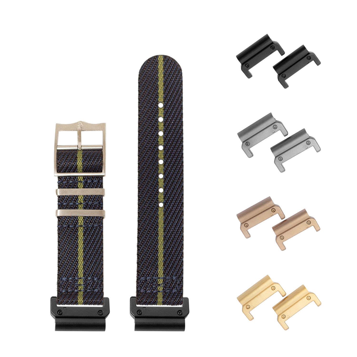 QuickFit Cross Militex fabric watch strap 26mm night blue with green stripe and interchangeable metal lugs in black, silver, bronze and gold finishes