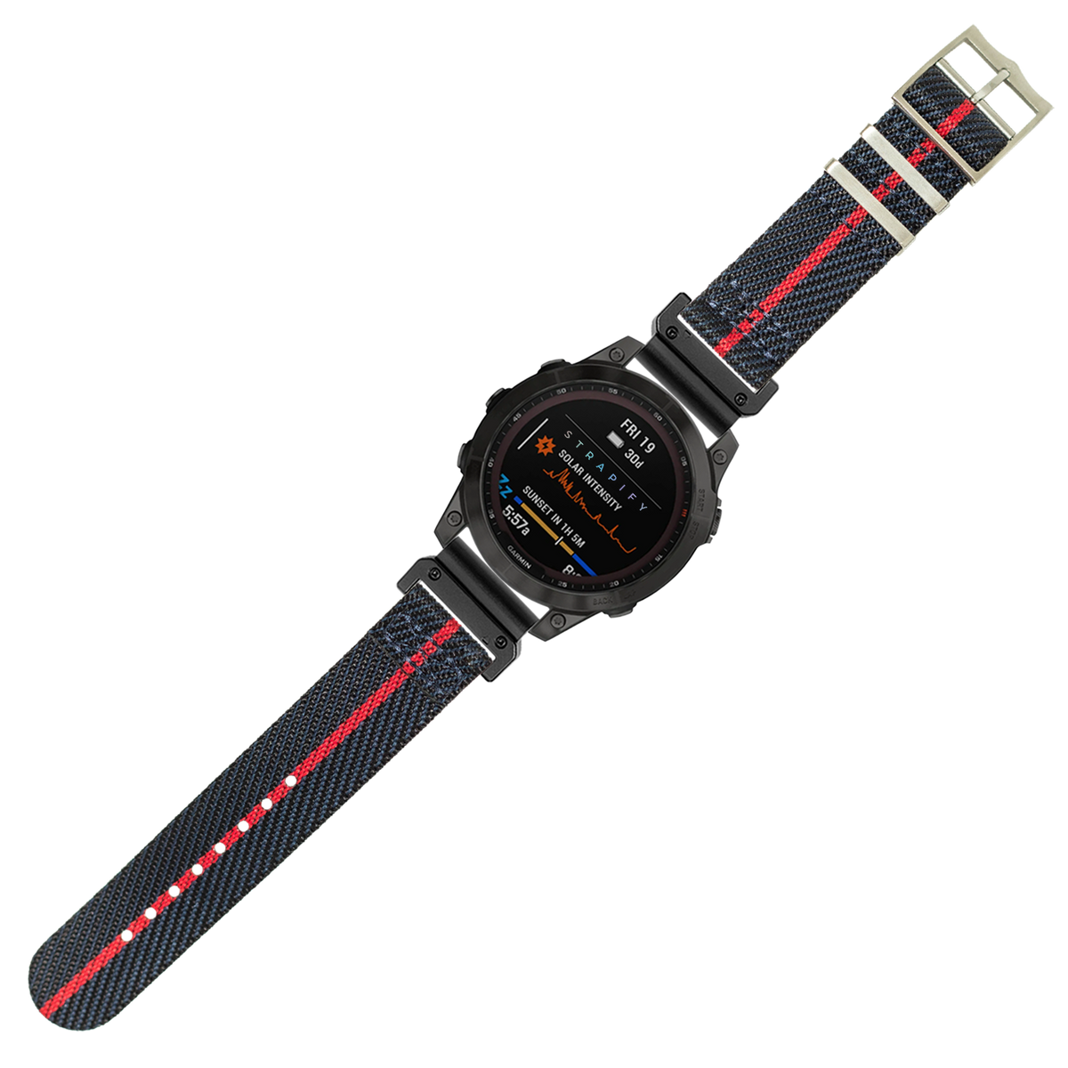 Black smartwatch with AMOLED display and military-style nylon strap featuring red and blue stripes with quick-fit 26mm band
