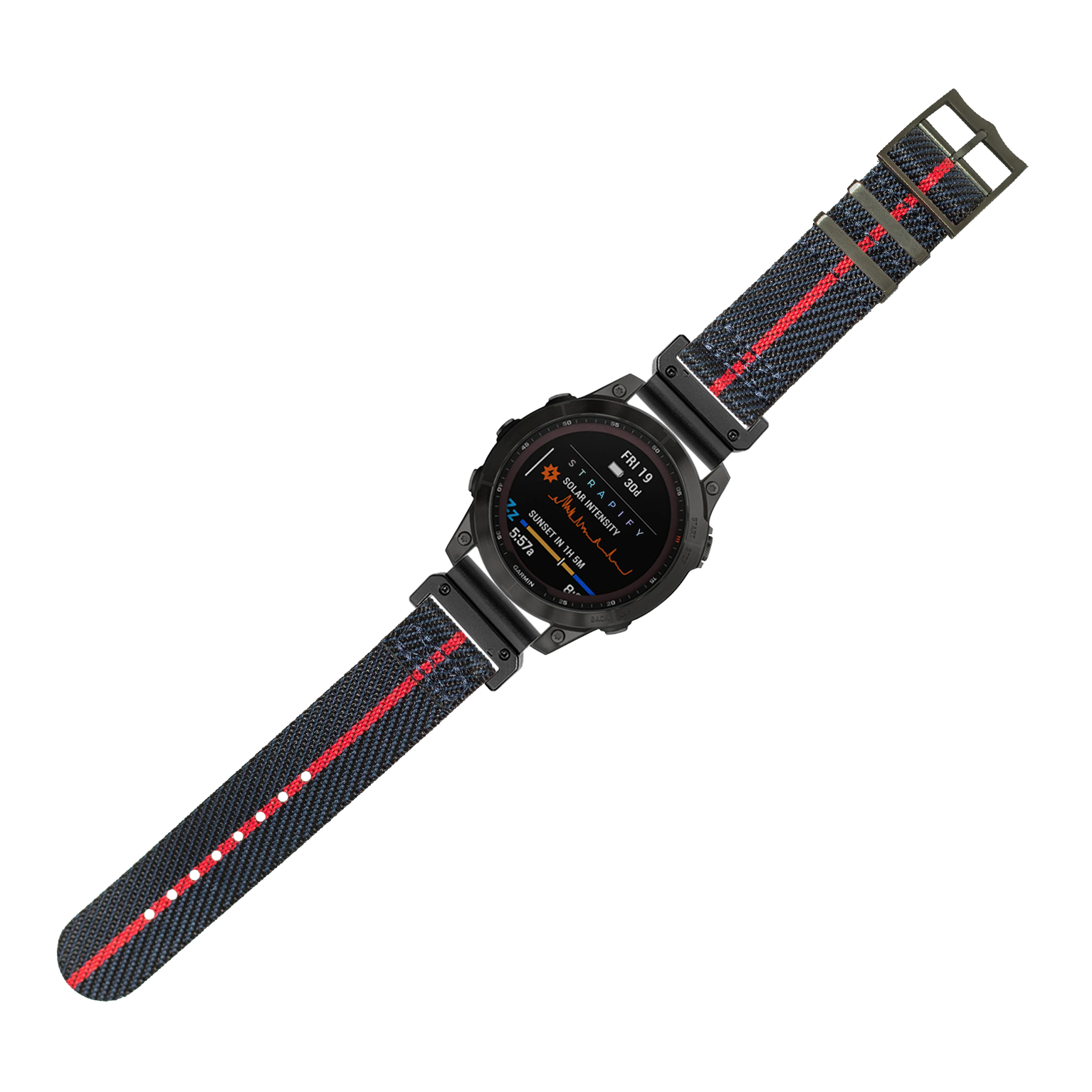 Black digital sports watch with night blue and red striped fabric strap and black hardware, displaying AMOLED screen
