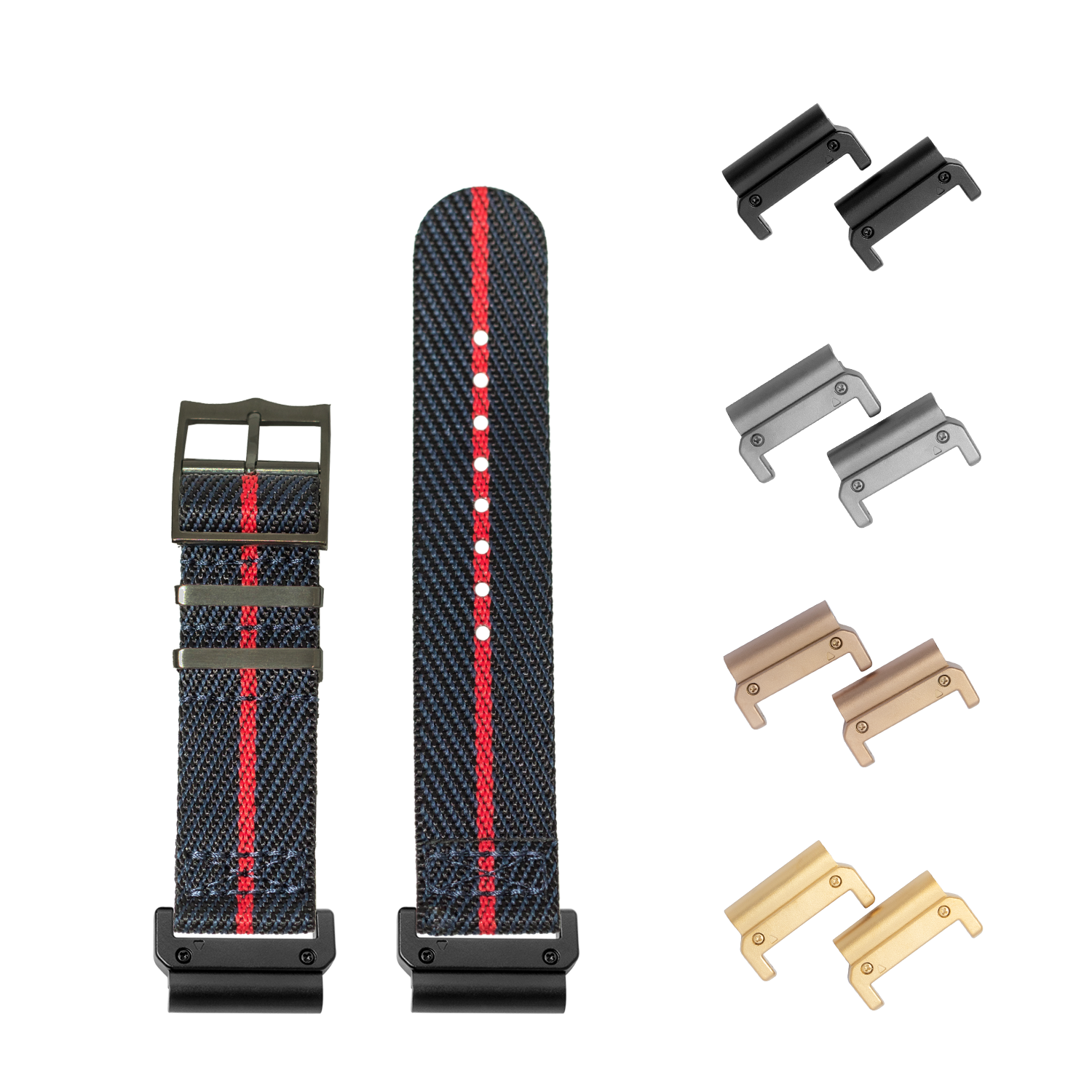 QuickFit Cross Militex night blue and red fabric watch strap 26mm with black hardware and interchangeable metal adapters