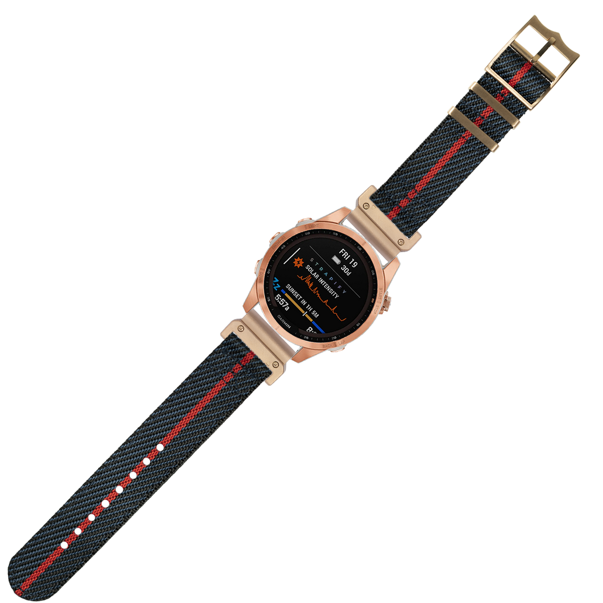 Rose gold smartwatch with black nylon band featuring red and blue stripe pattern, AMOLED display showing health metrics, military-style quick-fit strap system