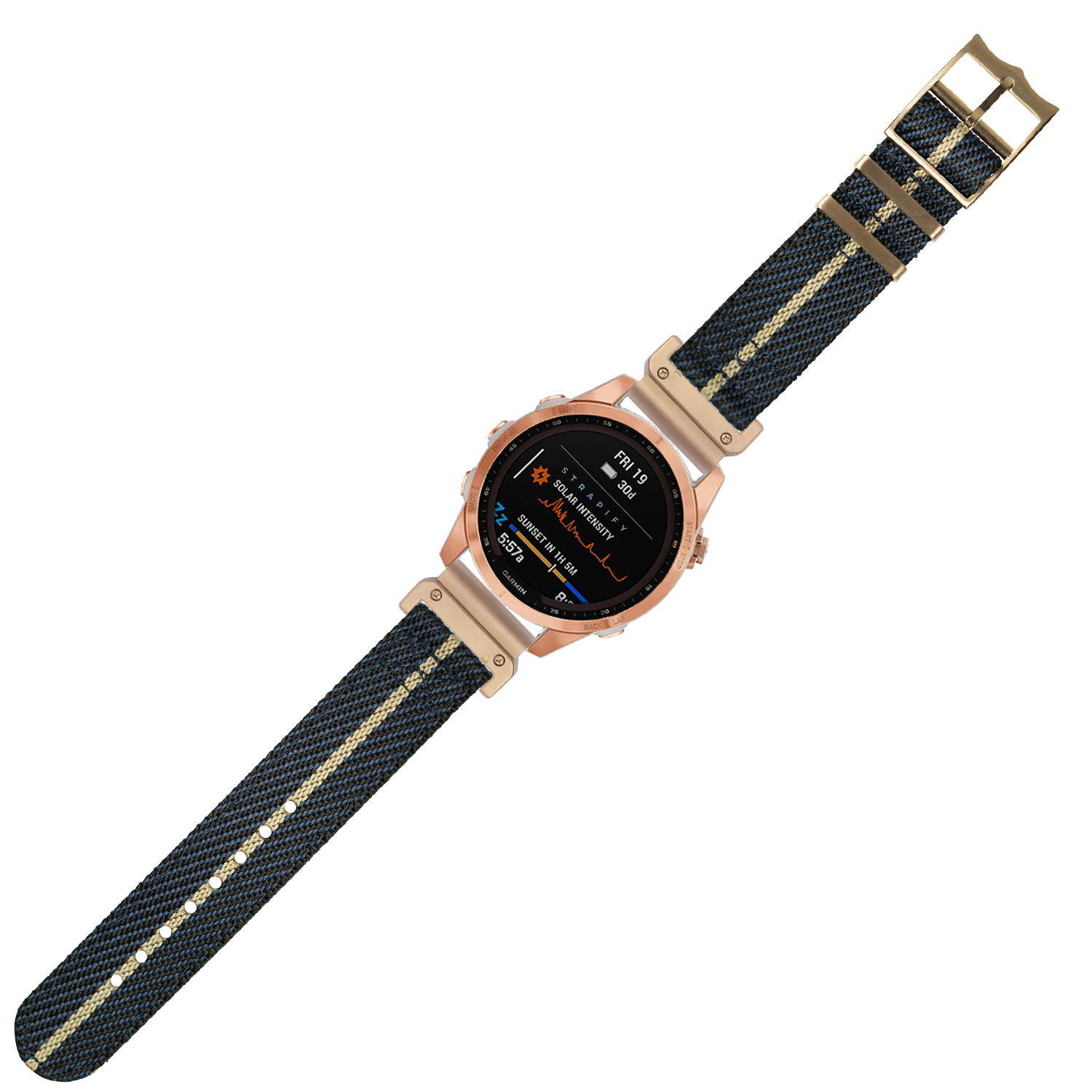 Rose gold smartwatch with black digital display and dark blue fabric strap with tan stripe detail and rose gold hardware