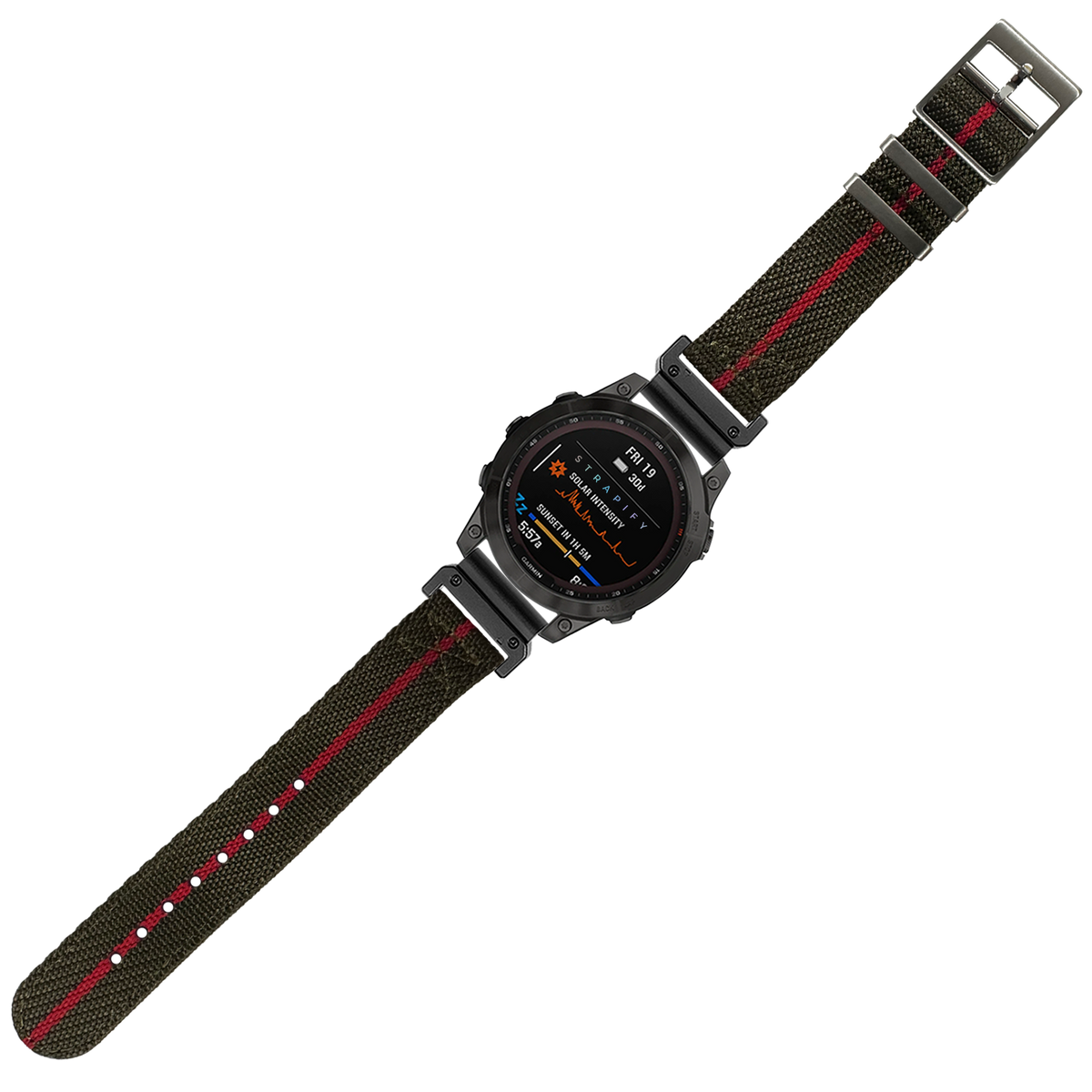 QuickFit Cross Militex olive green and red 26mm watch band with black digital smartwatch and metal hardware