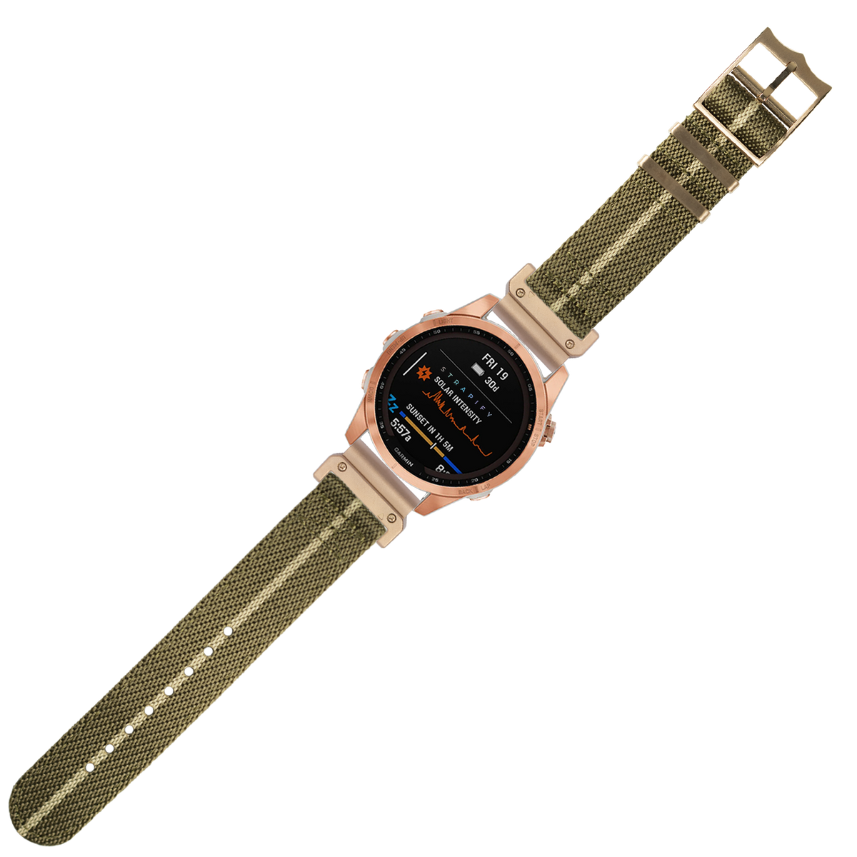 Rose gold smartwatch with olive green fabric quick-release band and black AMOLED display showing health metrics