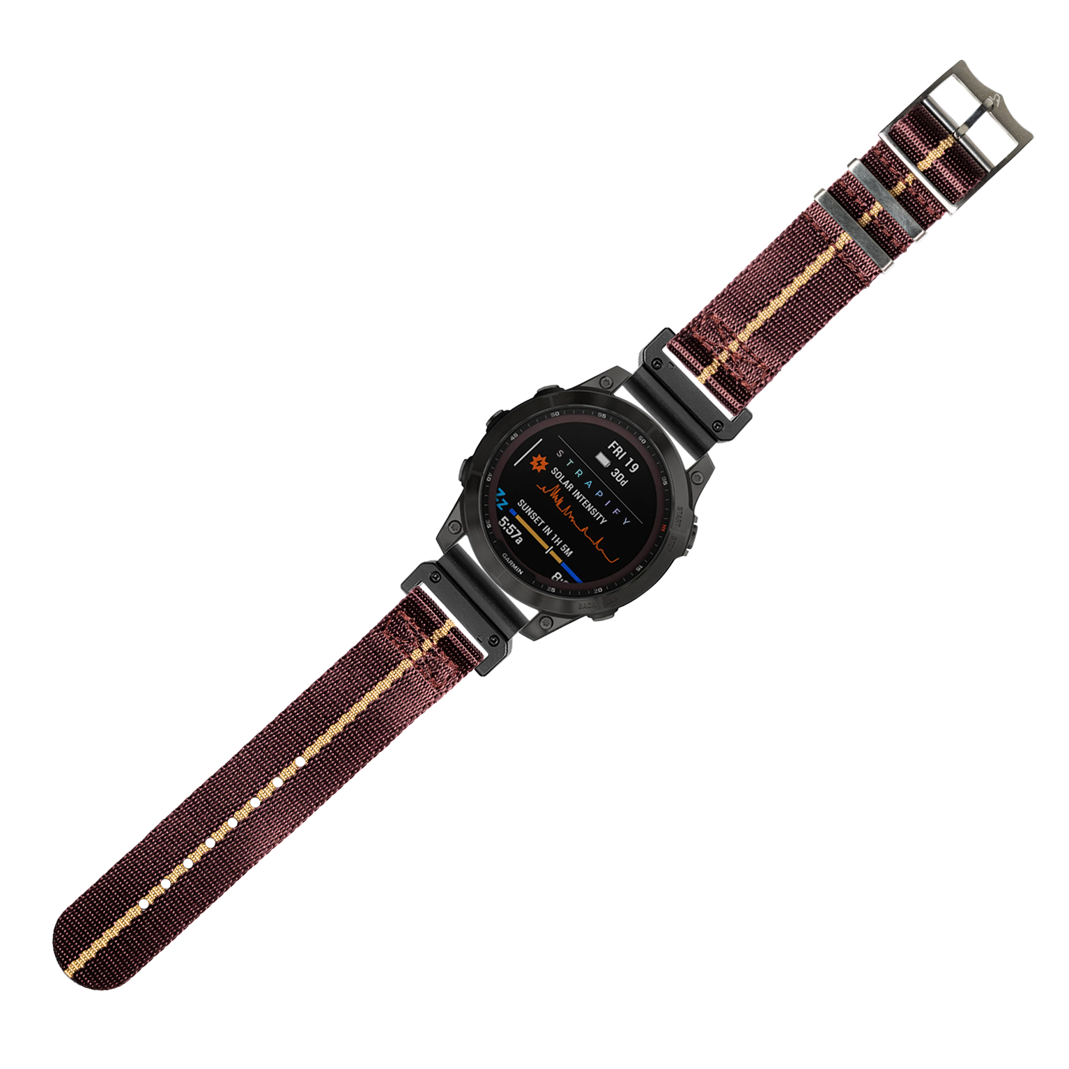 Rugged military smartwatch with black digital display and burgundy nylon QuickFit band with wheat stripe