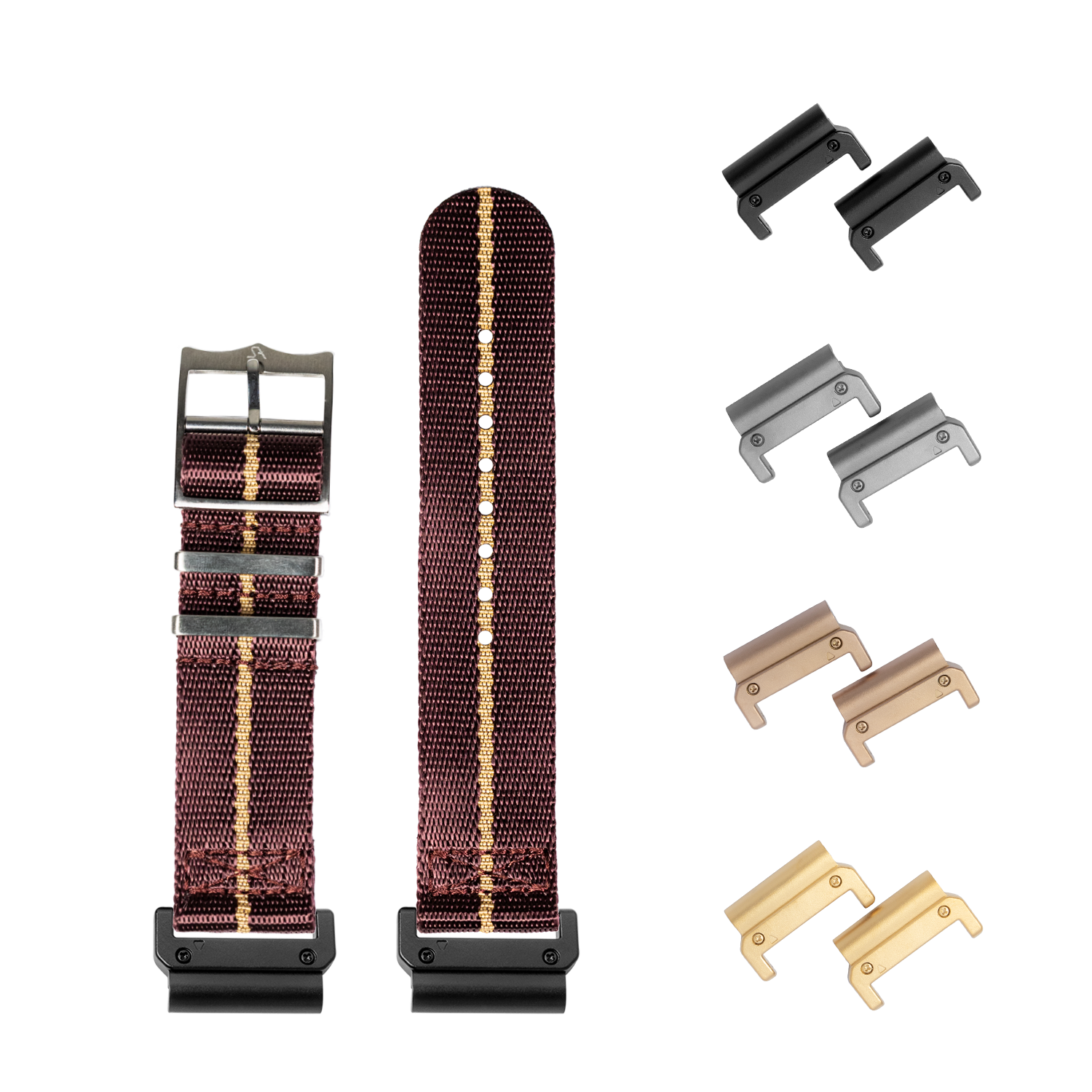QuickFit Supreme Militex burgundy red and wheat 26mm watch strap with interchangeable metal hardware in black, silver, bronze and gold finishes