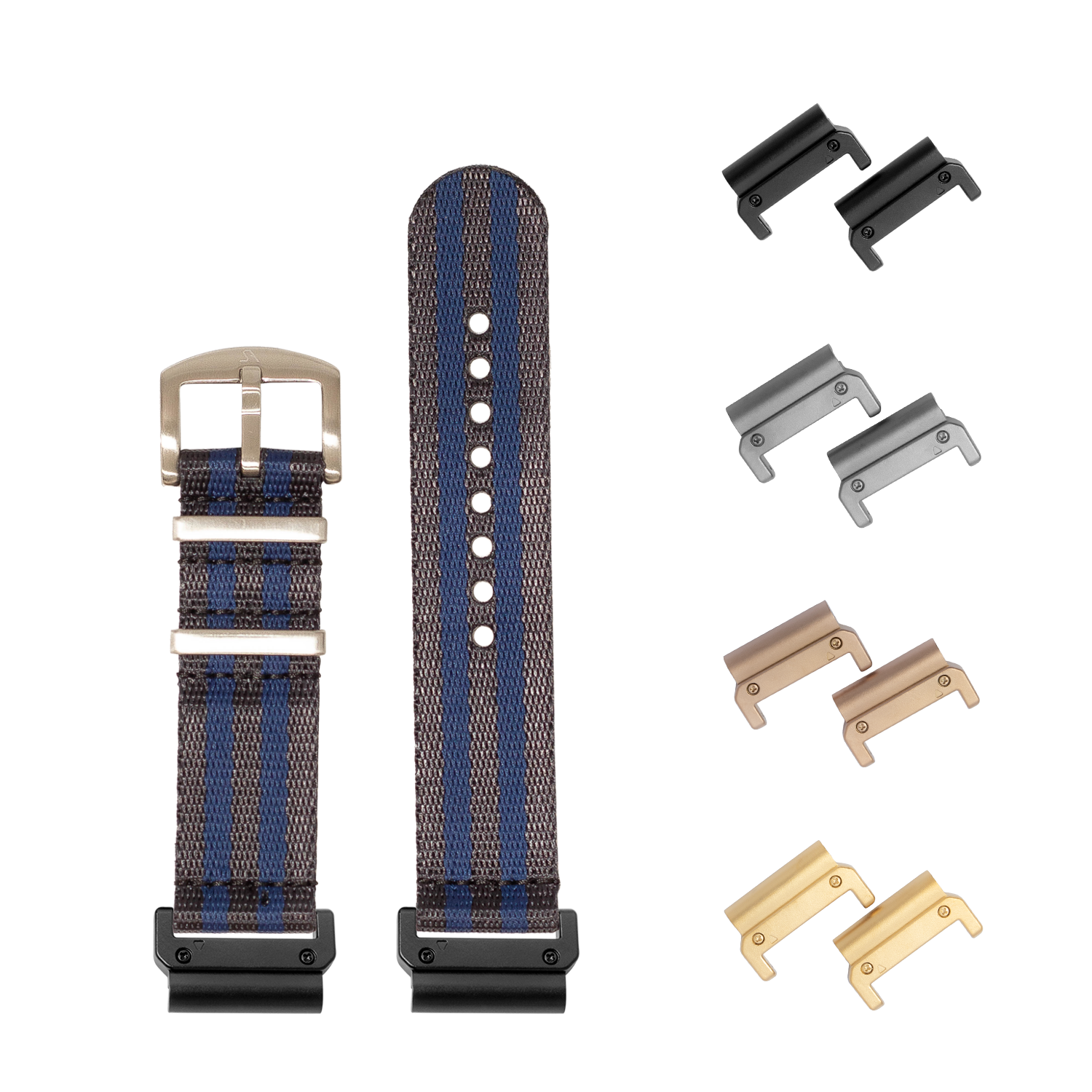 QuickFit Supreme Militex dark blue and navy striped watch band 26mm with interchangeable metal lugs in black, silver, bronze, and gold finishes